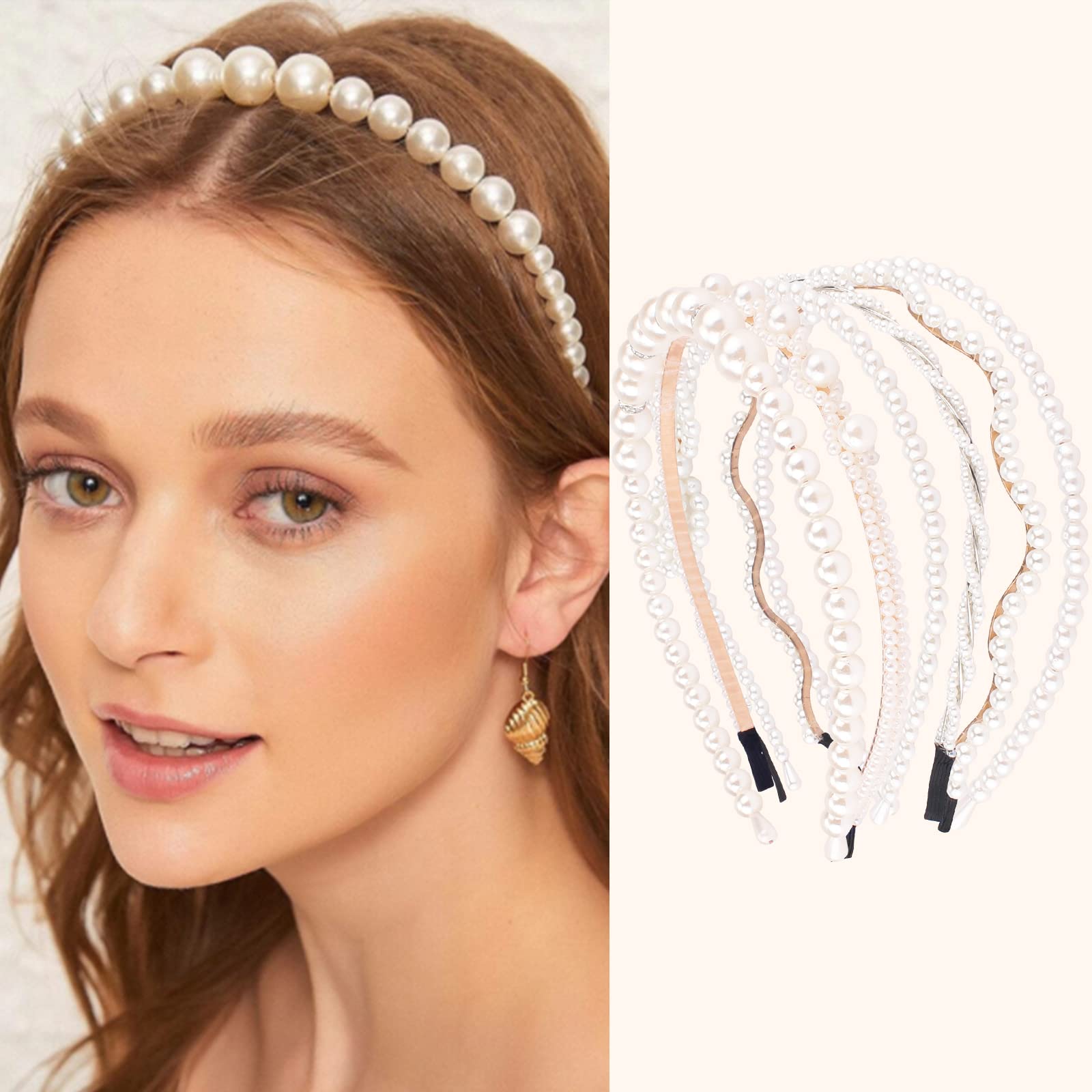 AMCAMI White Pearl Rhinestones Sparkly Beaded Hair Accessories - 6 PCS Headbands & Hair Hoops for Women & Girls | Fashionable Hairbands for Parties, Weddings & Daily Wear