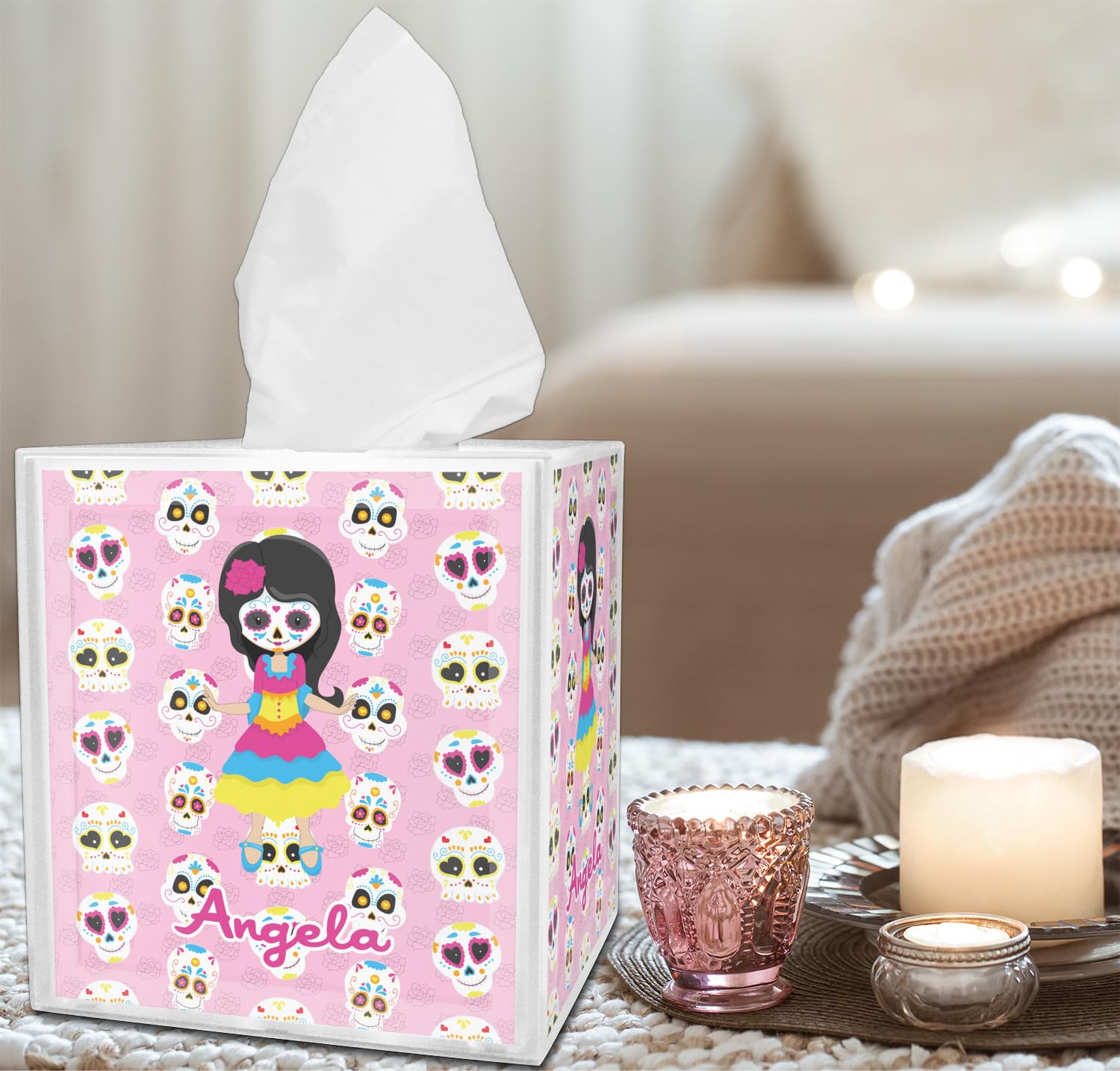 Custom Personalized Kids Sugar Skulls Tissue Box Cover - Dia de Los Muertos Decor for Halloween, Day of The Dead Party & Home Decor Gift Idea