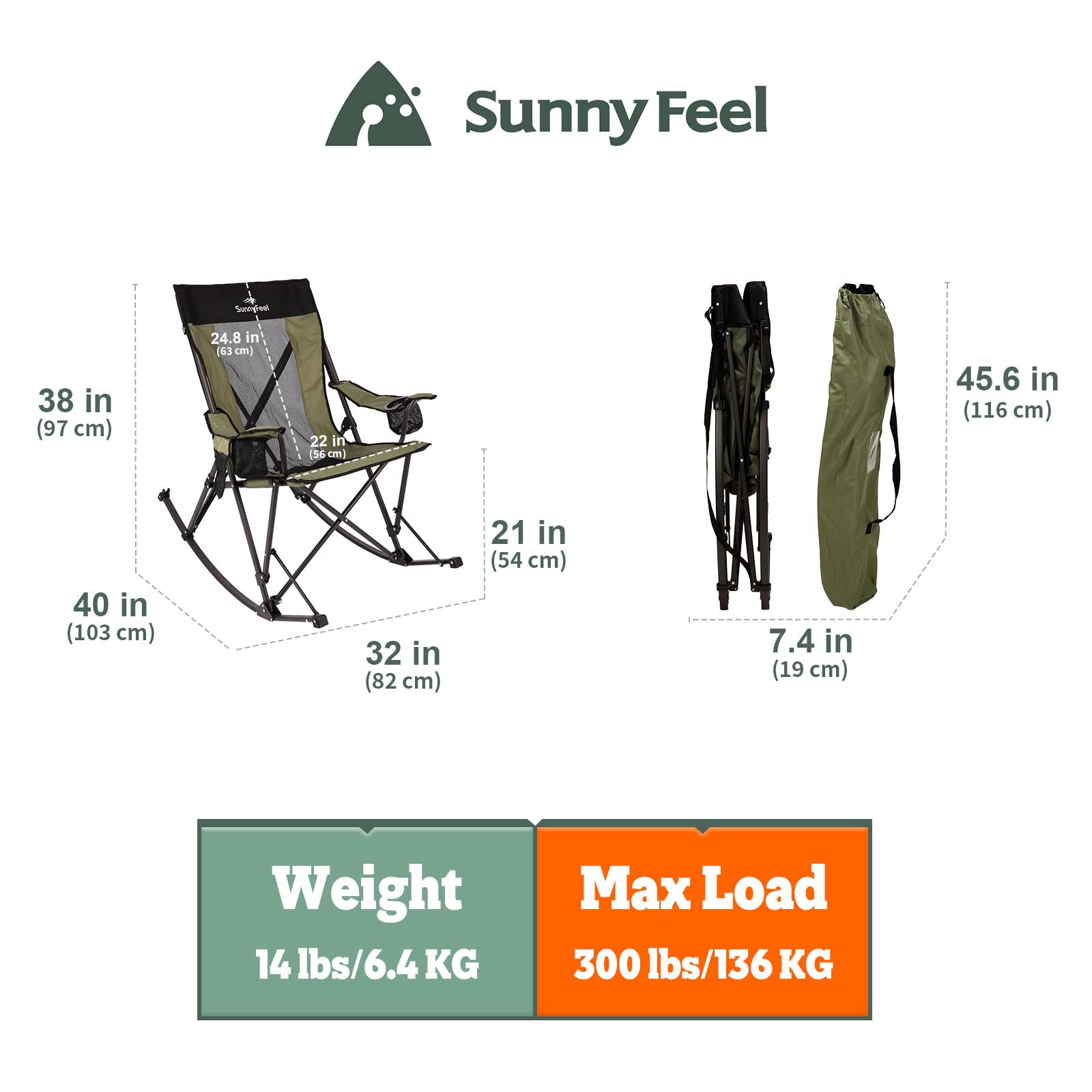 **SUNNYFEEL Portable Folding Camping Rocking Chair with Cup Holder & Storage Pocket - Lightweight Mesh Back Recliner for Beach, Outdoor, Travel, Picnic, Patio - Includes Carry Bag for Easy Transport | Perfect for Relaxing in Backyard, Camping, or Beach Vacations**
