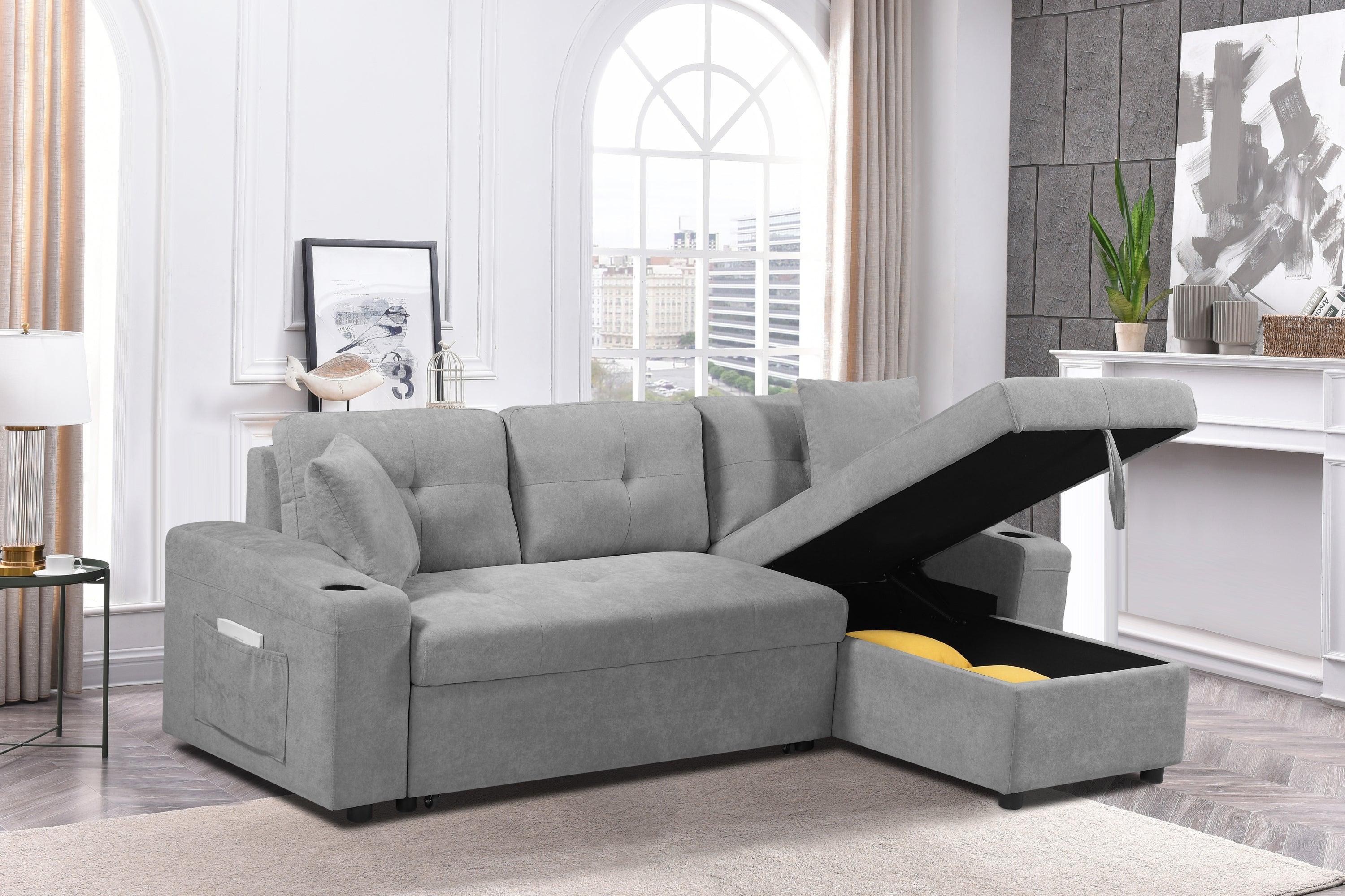Convertible Corner Sofa with Armrest Storage - Modern Sectional Sofa for Living Room & Apartment, Right Chaise Longue in Grey - Perfect for Small Spaces, Movie Nights & Family Gatherings