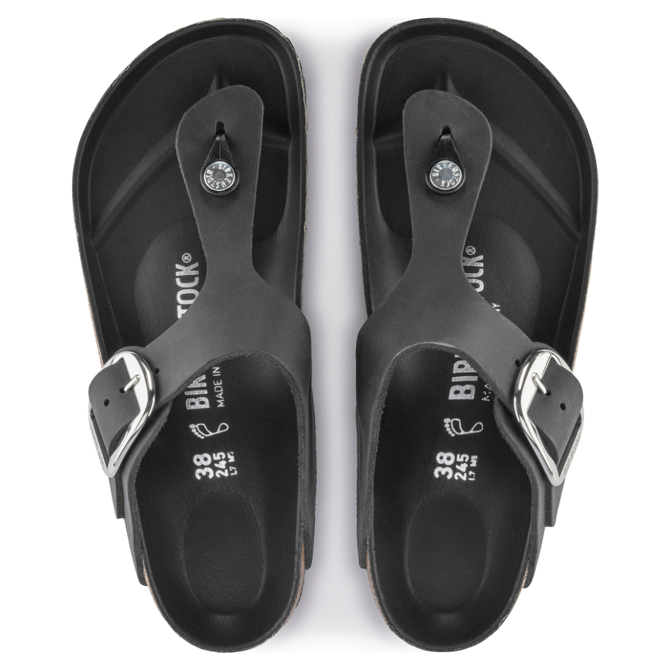 Birkenstock Women's Gizeh Big Buckle Sandals - Black Oiled Leather - Comfortable Arch Support for Walking, Travel & Casual Wear