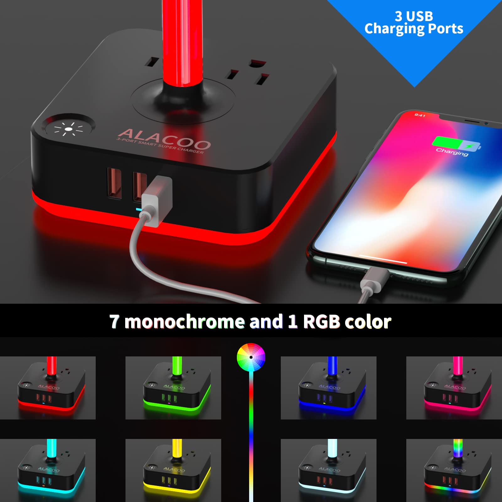 RGB Gaming Headphone Stand with USB Charger & AC Outlet - 3-Port USB Hub, 8 Color LED Modes, Universal Headset Holder for PC, PS5, Xbox - Perfect for Gaming Setup, Home Office & Desk Organization