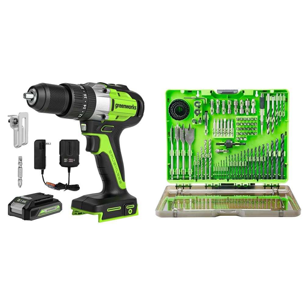 Greenworks 24V Cordless Hammer Drill with 4.0Ah Lithium-Ion Battery & 90-Piece Impact Bit Kit - Perfect for DIY Home Projects, Woodworking, and Professional Construction Work