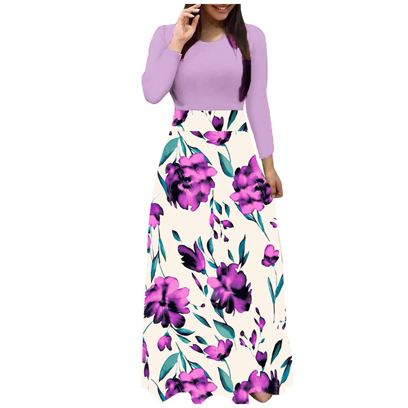 Women's Floral Patchwork Maxi Dress - Long Sleeve Crewneck Slim Fit Casual Summer Fall Dress | Perfect for Beach Vacations, Date Nights & Office Wear