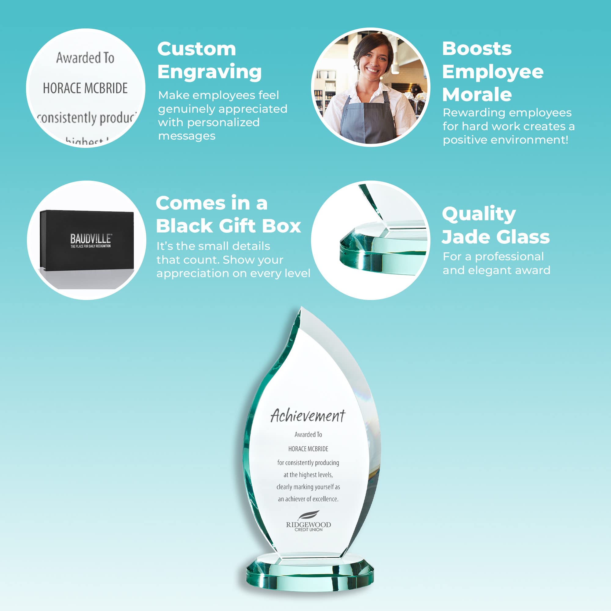 Baudville Engraved Jade Glass Flame Trophy - Employee Recognition Award with Gift Box - Perfect for Corporate Awards, Sales Incentives & Retirement Celebrations