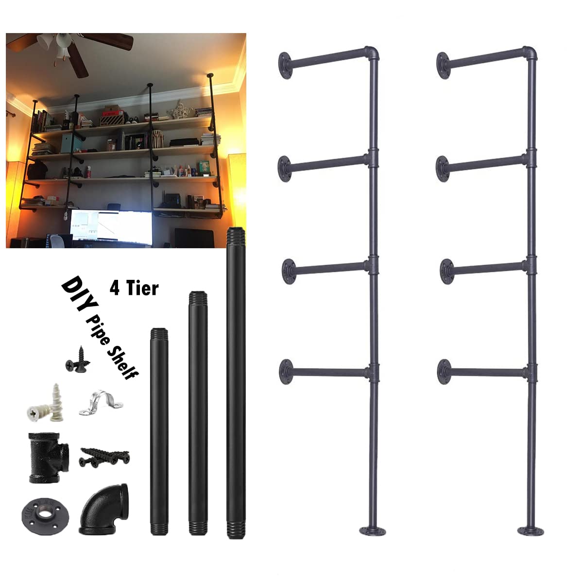 Vintage Industrial Iron Pipe Shelf Brackets - 2PcsX4Tier Wall Mount Shelving (56