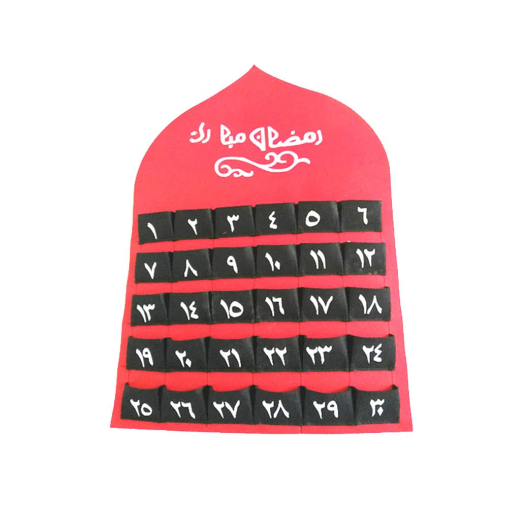 Eid Countdown Calendar - Felt Cloth Hanging Mubarak Wall Calendar for Ramadan & Islamic Holidays - Home & Office Decor (Red) - Perfect for Ramadan Decorations, Eid Gifts & Muslim Holiday Celebrations
