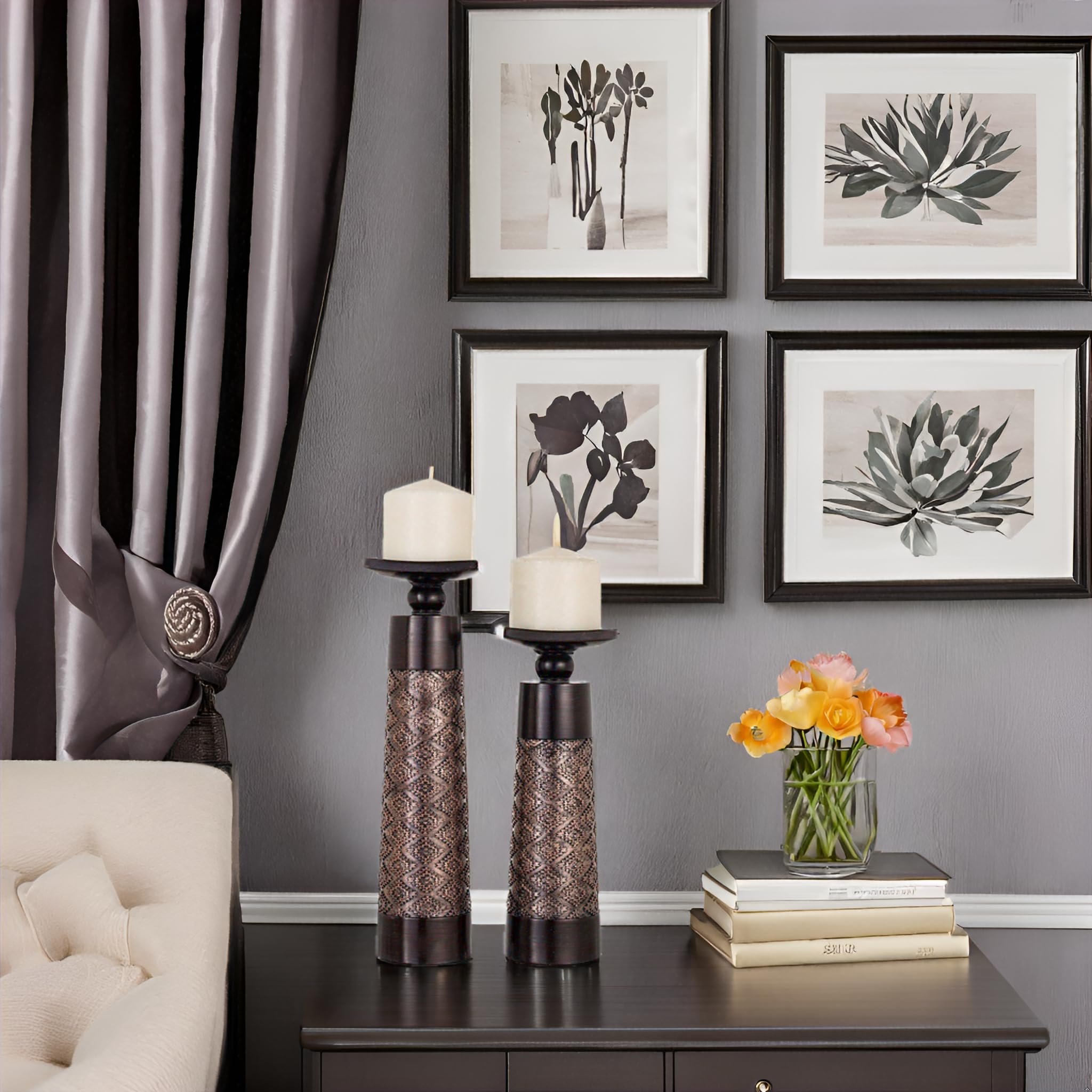 Creative Scents Dublin Brown Pillar Candle Holder Set of 2 - Elegant Home Decor for Coffee Table, Mantel & Dining Room - Perfect Centerpiece Gift Set for Cozy Living Spaces & Romantic Ambiance