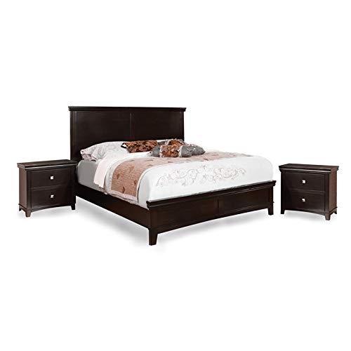 Furniture of America FOA Brighton 3-Piece Solid Wood Bedroom Set - Queen Size Bed with 2 Nightstands in Espresso Finish | Perfect for Modern Master Bedrooms & Guest Rooms