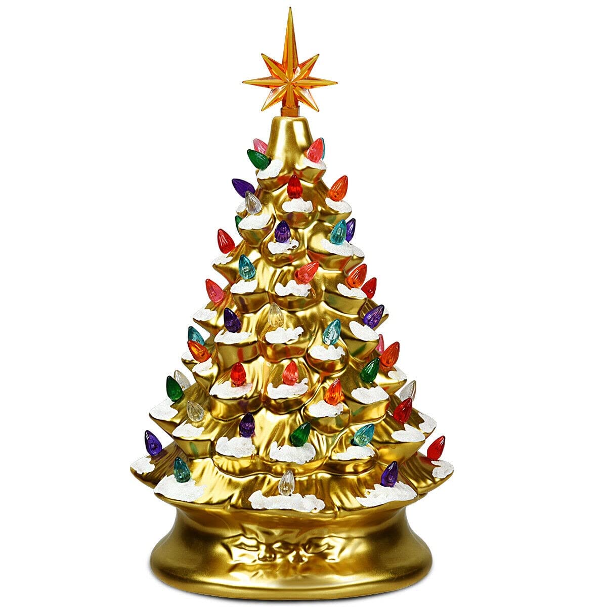 15-Inch Vintage Ceramic Christmas Tree with 64 Multicolored LED Lights - Porcelain Tabletop Holiday Decor for Christmas, Home, and Office