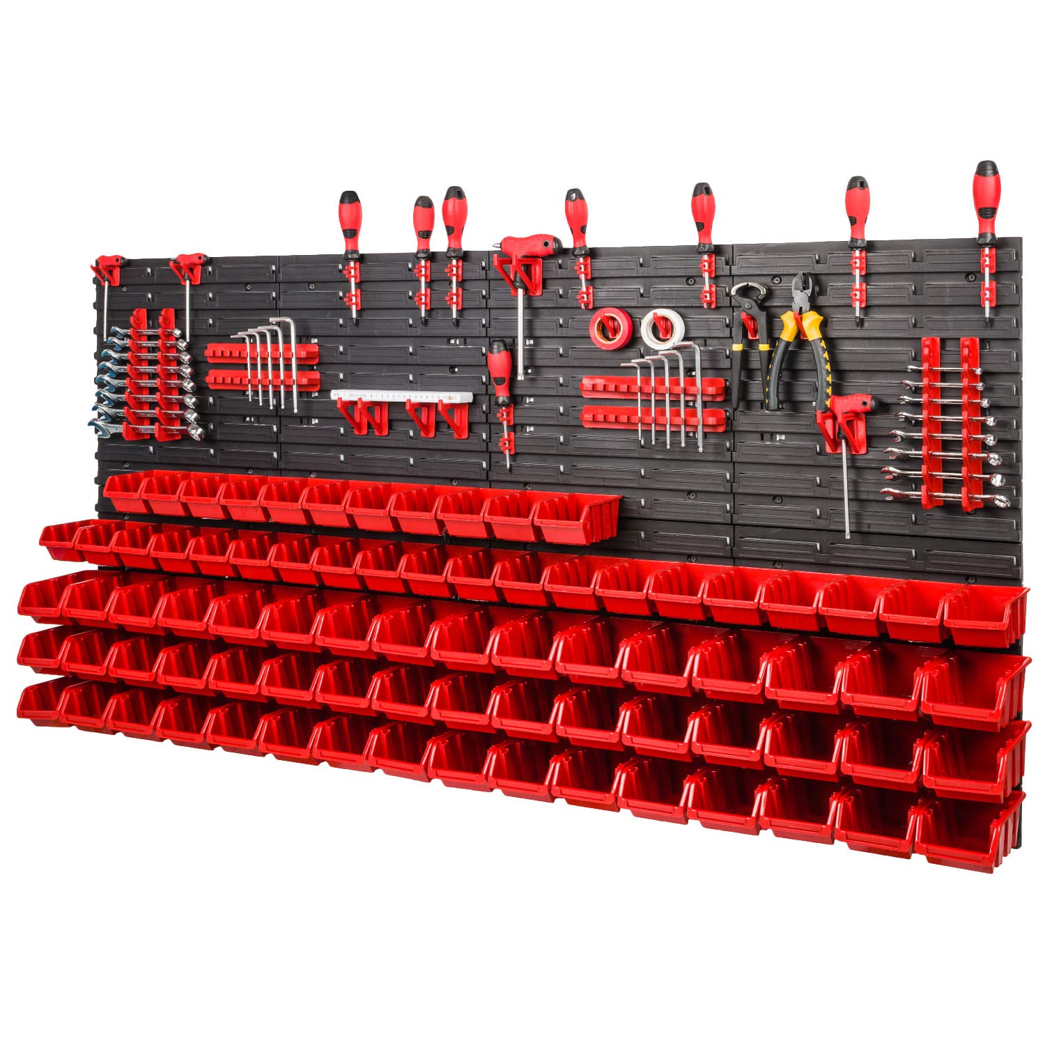 Red Stacking Boxes & Tool Holders Wall Shelf - 79pc Storage System | Garage & Workshop Organization