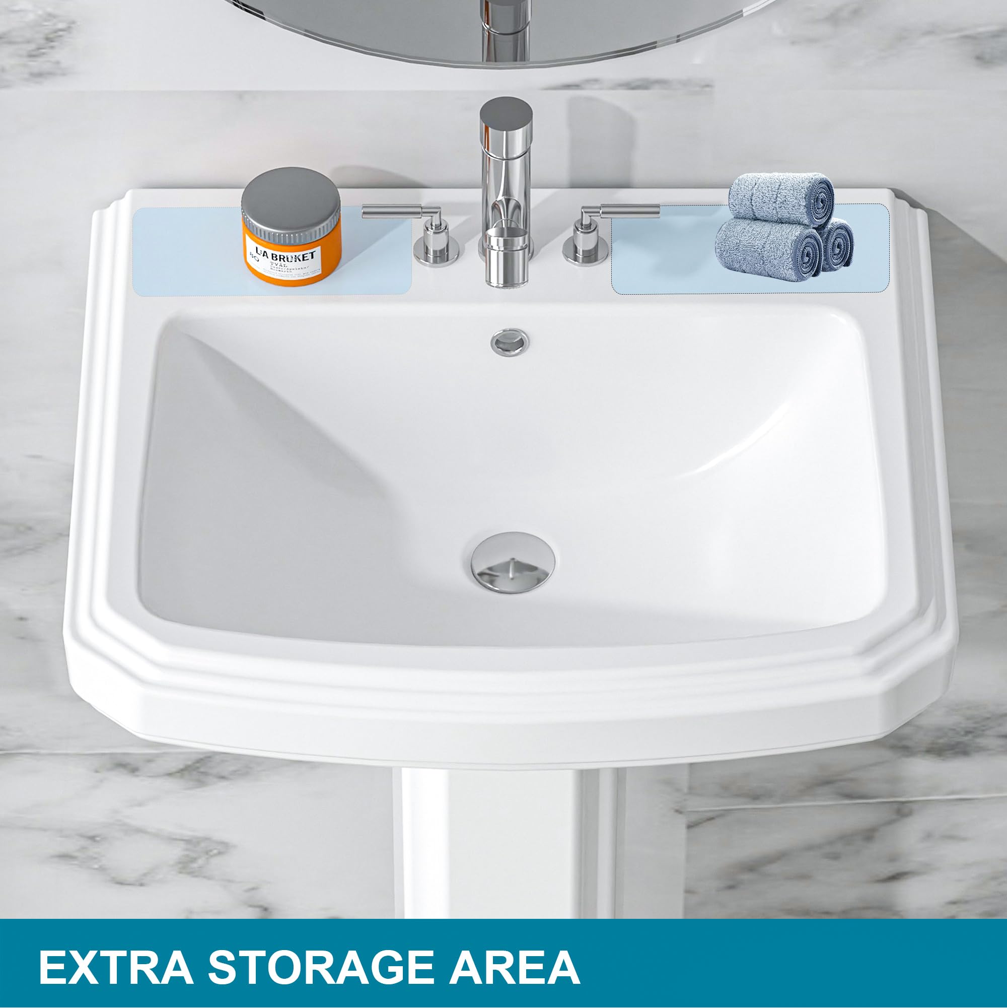 White Porcelain Pedestal Sink 23x19 Inch with 3 Faucet Holes & Overflow - Rectangular Bathroom Sink Combo for Vanity, Powder Room & Laundry Areas