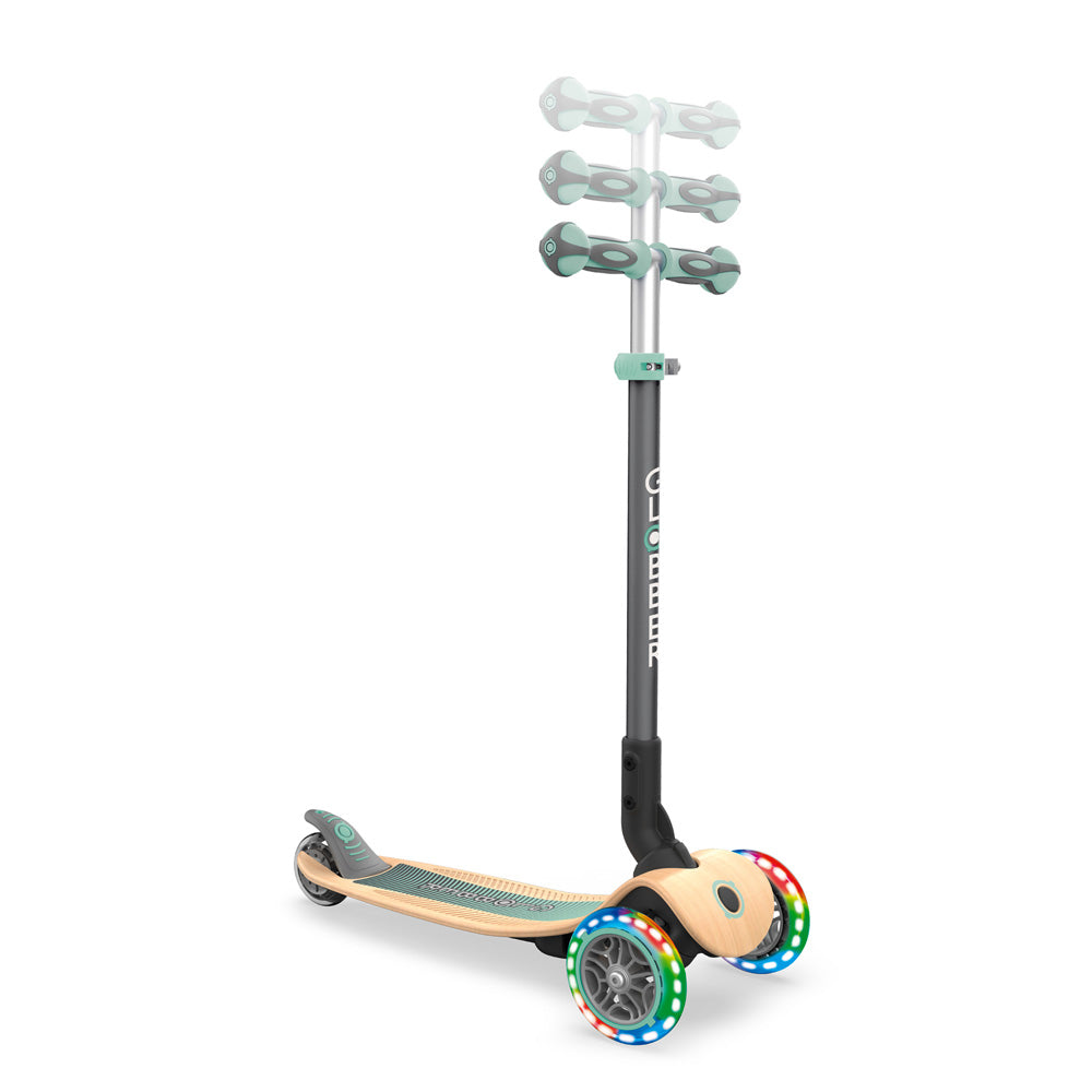 Globber 3 Wheel Primo Foldable Wooden Scooter with LED Lights - Perfect for Kids Outdoor Play, Commuting & Neighborhood Rides