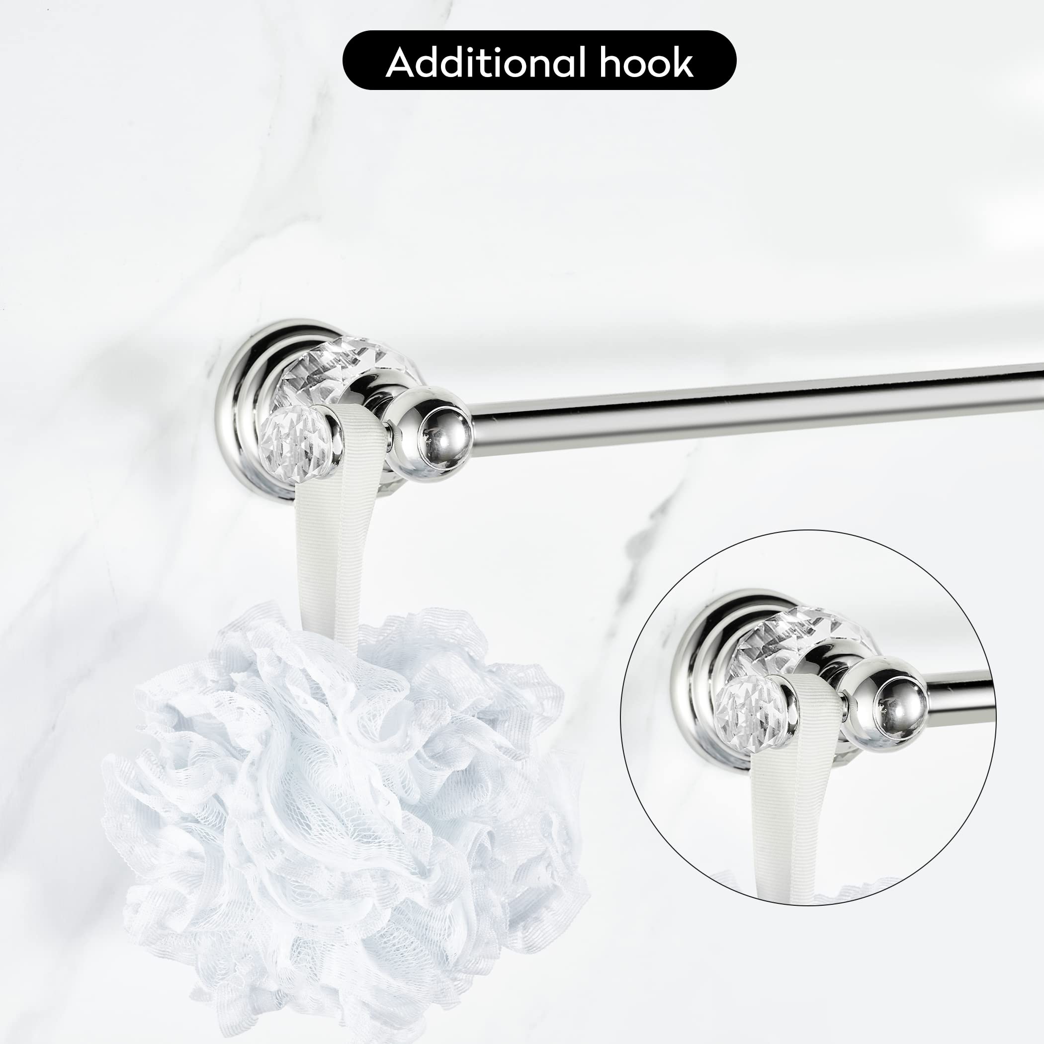 24 Inch Chrome Towel Bar - Adjustable Crystal Bathroom Towel Rack with Wall Mount, Modern Silver Single Towel Holder for Shower, Spa & Luxury Bathroom Decor