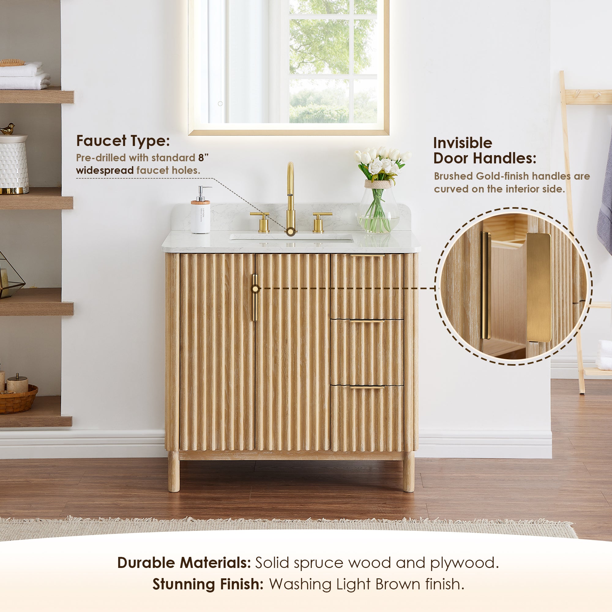Sierra 36 Inch Single Bathroom Vanity Set in Washed Light Brown - Engineered Stone Countertop, Soft Close Drawers & Ceramic Sink - Perfect for Small Bathrooms, Powder Rooms & Guest Baths