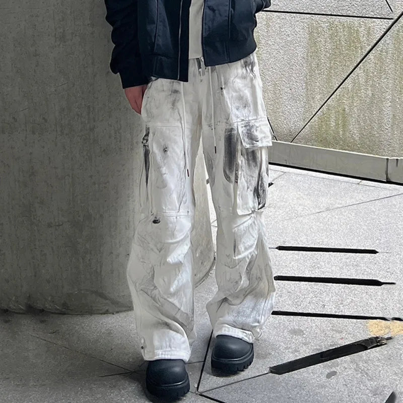 American Style Men's Denim Pants - Casual Splash Ink Tie-Dye Jeans with Big Pockets & Contrast Color | Trendy Streetwear for Everyday Wear & Fashion Outfits