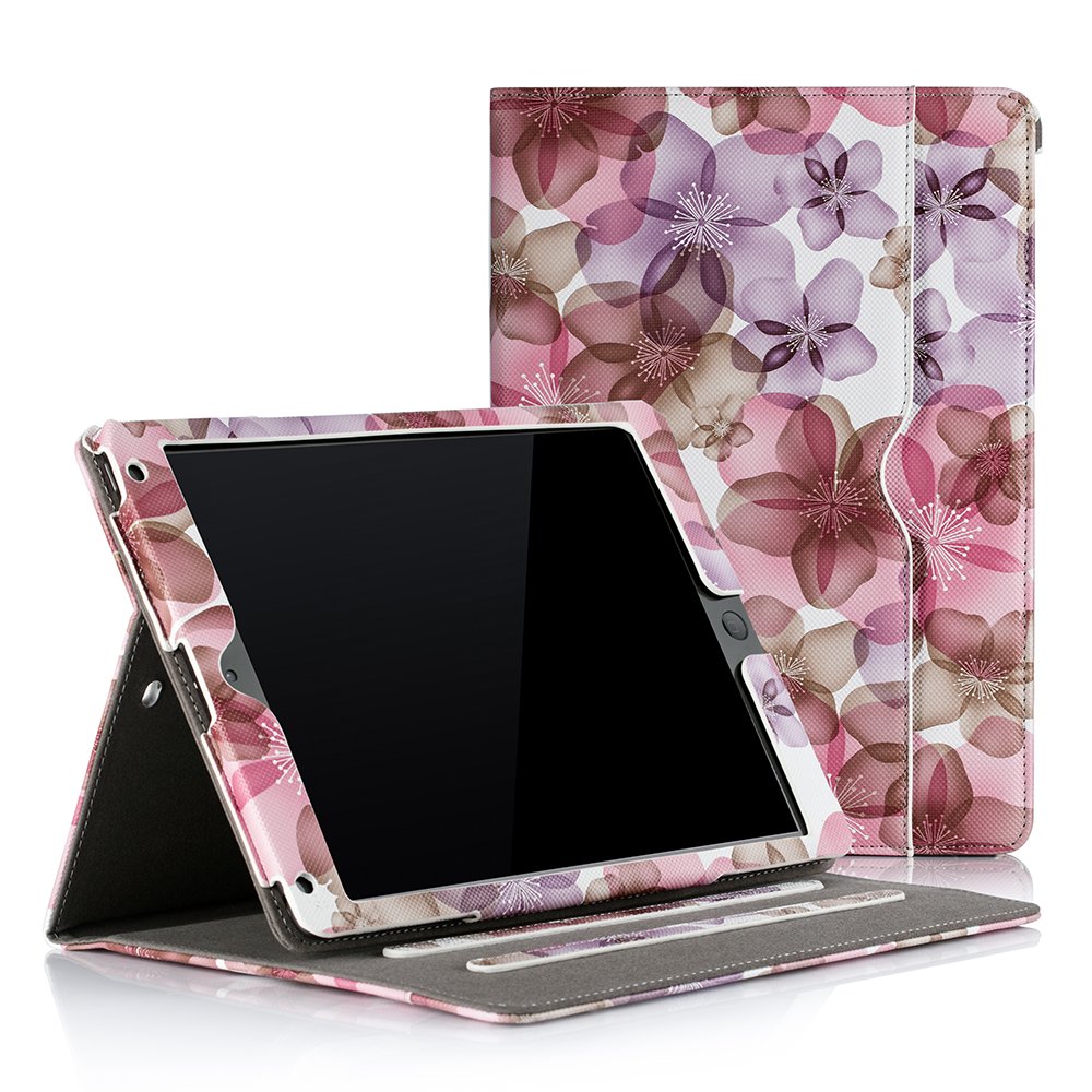 RUBAN iPad 9.7 Inch Case (2018/2017/Air 2/Air 1) - Multi-Angle Stand Folio Cover with Corner Protection, Auto Wake/Sleep & Storage Pocket - Floral Purple | Perfect for Work, School & Travel