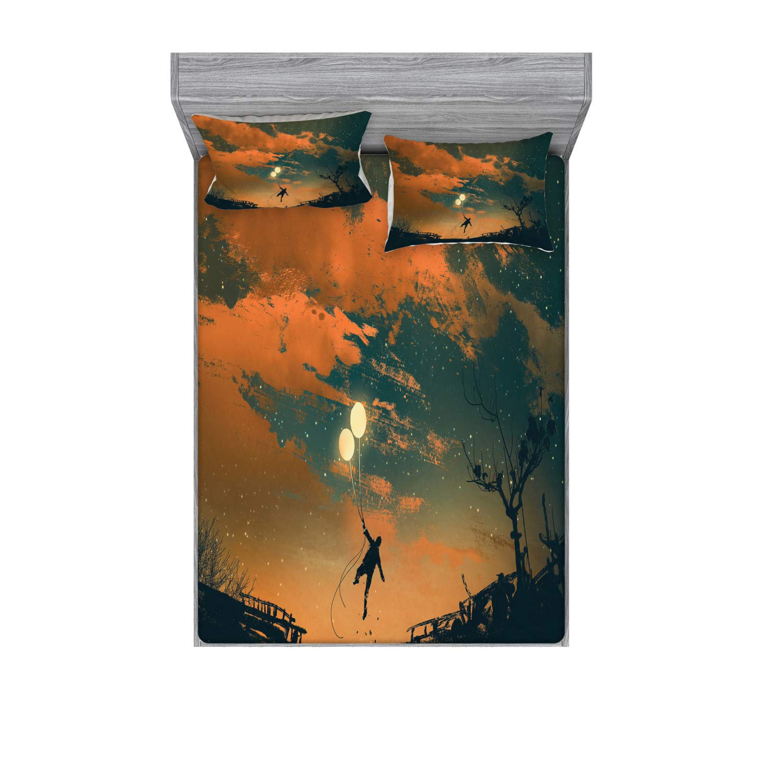 Ambesonne Fantasy 3-Piece Bedding Set - Flying Man with Balloons Starry Night Theme, Full Size Fitted Sheet & Pillow Sham, Orange Ash Grey - Perfect for Kids' Rooms, Themed Bedrooms & Whimsical Home Decor