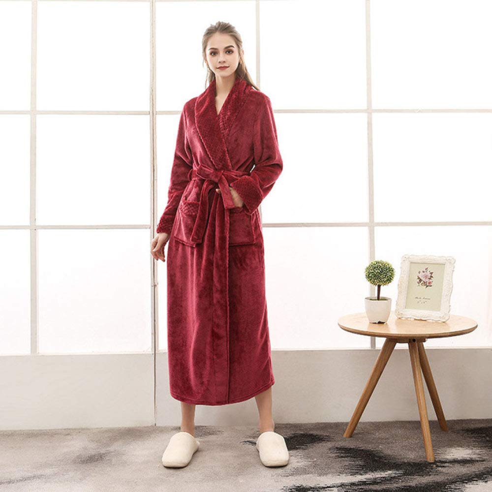 SDCVRE Winter Bathrobe for Men & Women - Plus Size Flannel Long Robe with Velvet Stitching - Thickened Warm Nightgown Pajama Set (Wine Red, XXXL) - Perfect for Cold Weather, Spa Days & Cozy Home Relaxation
