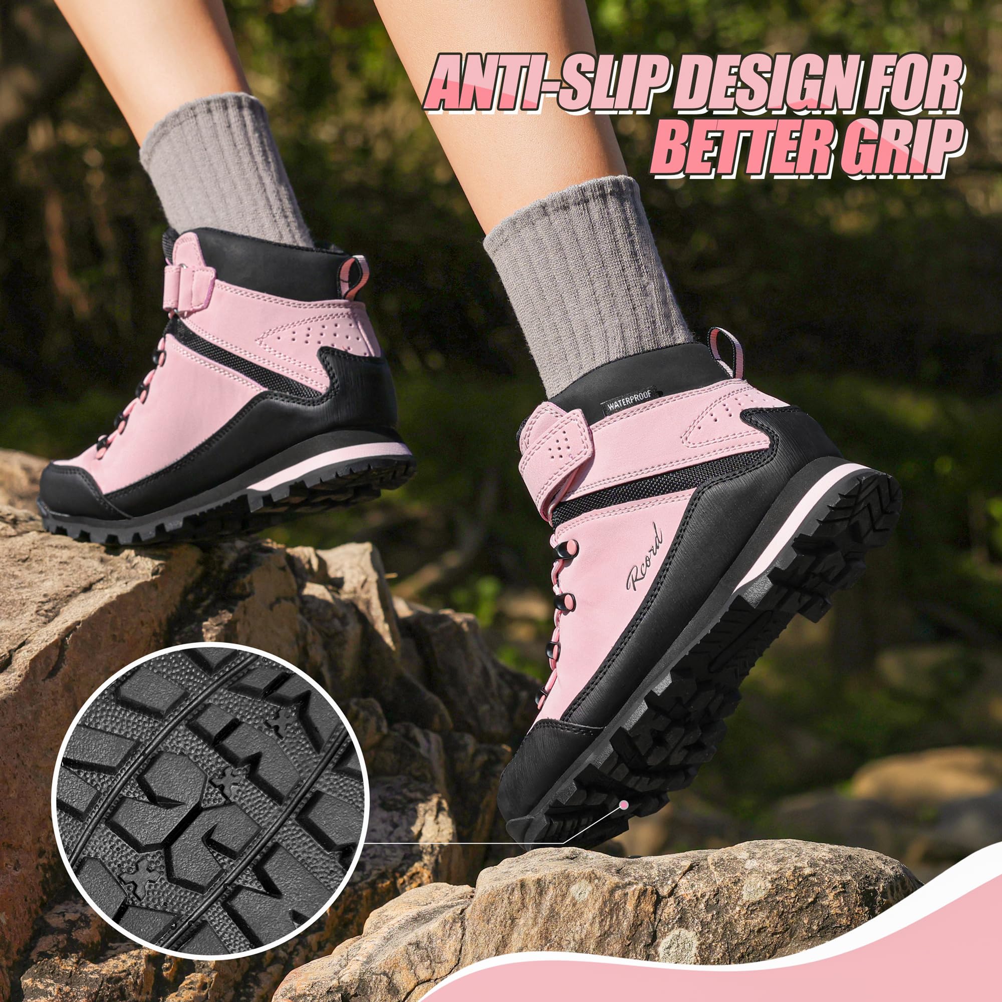 Waterproof Kids Hiking Boots for Boys & Girls - Durable TPR Traction Outsole, Anti-Skid Design with Hook & Loop Closure - Perfect for Outdoor Adventures, Trail Hiking, and Camping