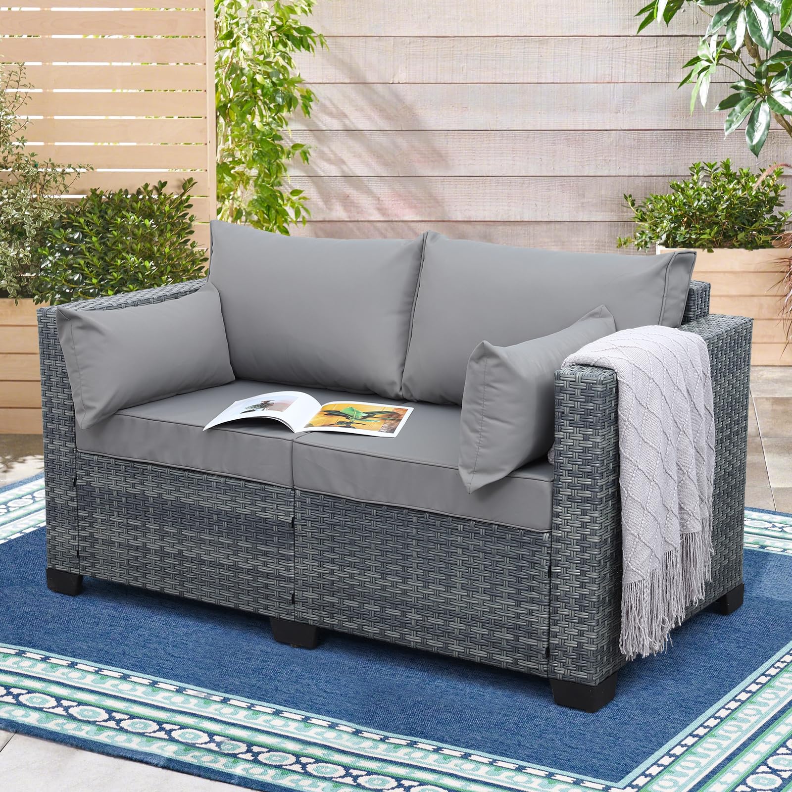 Outdoor Patio Loveseat Sofa - 2-Seater All-Weather Wicker Furniture with Gray Cushions for Backyard, Garden, Porch, Deck & Balcony | Perfect for Relaxing, Entertaining & Outdoor Lounging