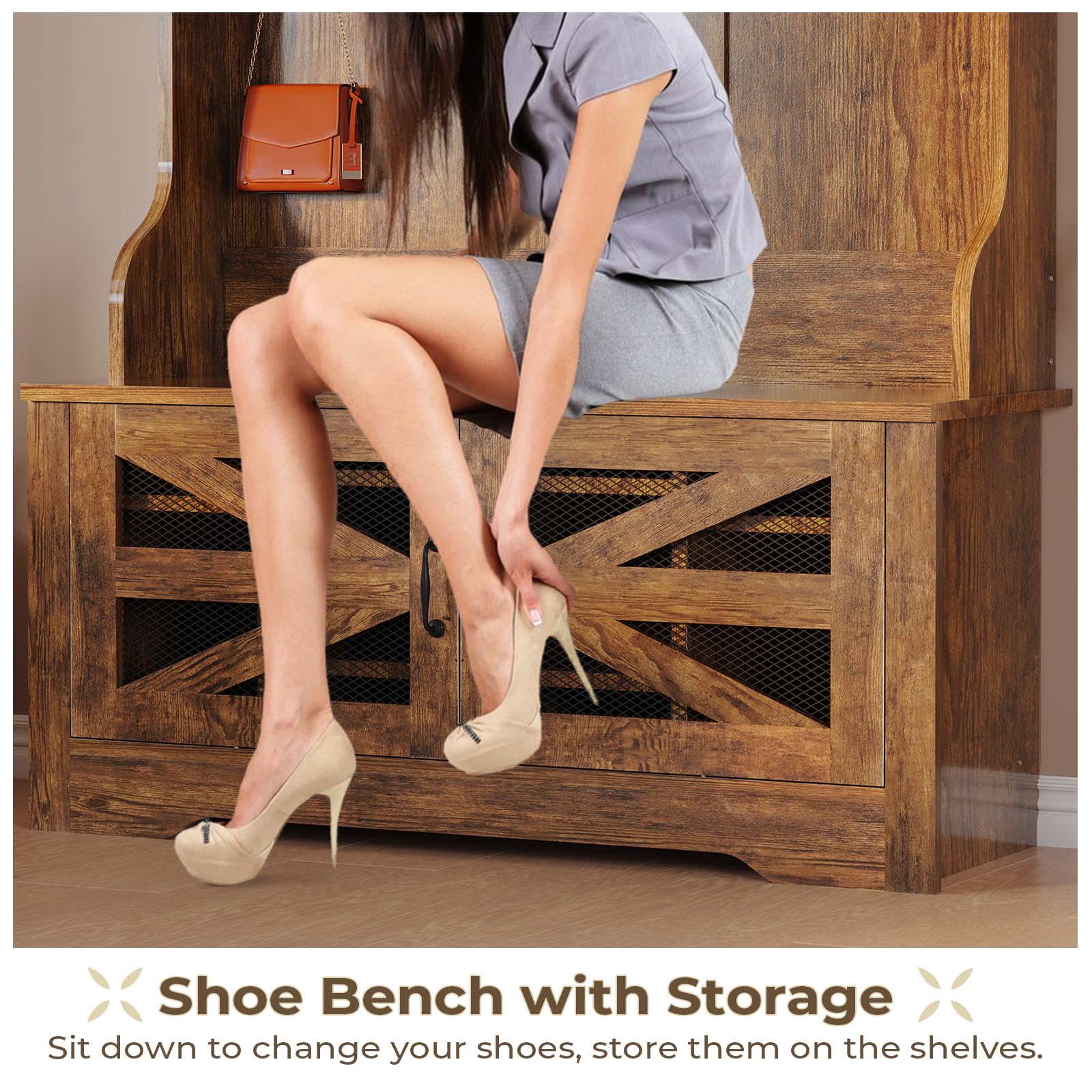 Itaar 5-in-1 Hall Tree Entryway Bench with Shoe Storage - Rustic Brown Coat Rack with 10 Shoe Cubbies, 9 Coat Hooks, Barn Door & Adjustable Shelf - Perfect for Mudroom, Foyer & Small Space Organization