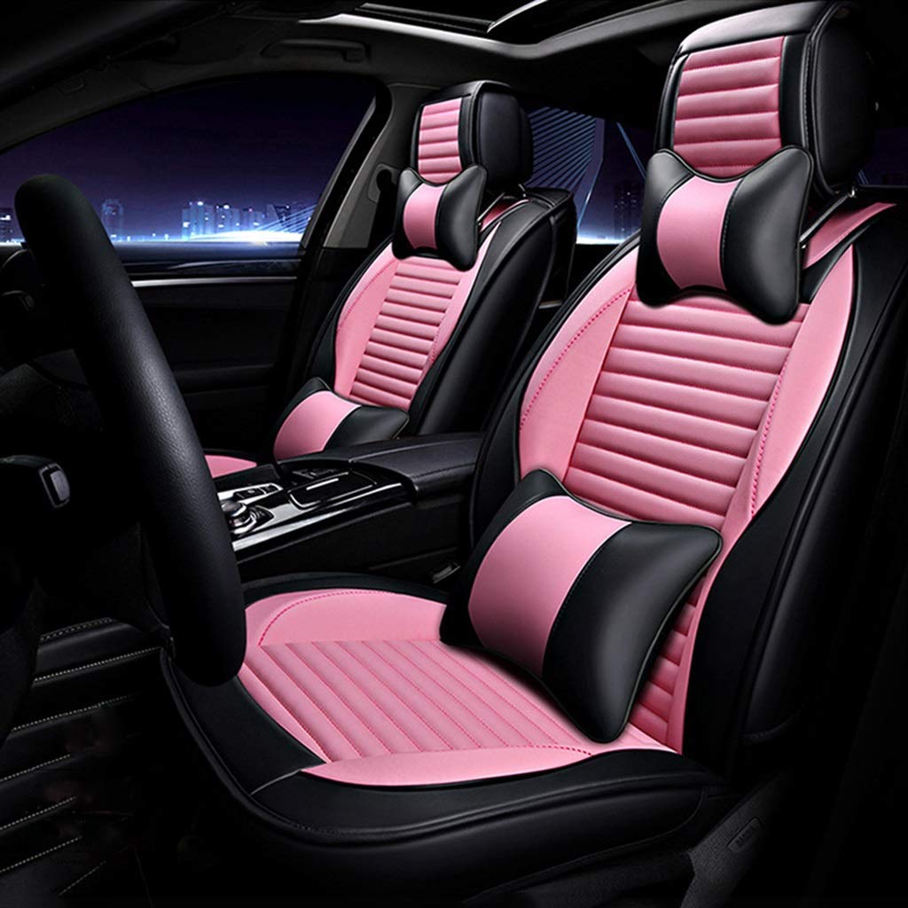 Premium Universal Leather Car Seat Cover Set - Front & Rear 5-Seat Full Protection | All-Season Waterproof Seat Protectors with Airbag Compatibility (Pink) - Perfect for SUVs, Sedans & Family Vehicles