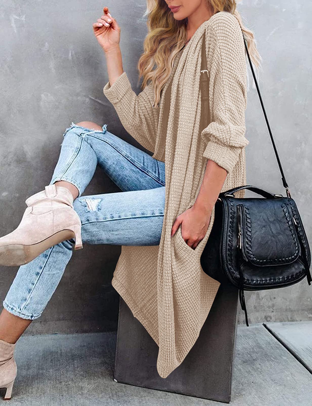 MEROKEETY Women's 2024 Fall Waffle Knit Batwing Long Sleeve Cardigan - Loose Open Front Sweater Coat for Casual Outfits & Layering | Perfect for Office, Coffee Dates and Autumn Strolls