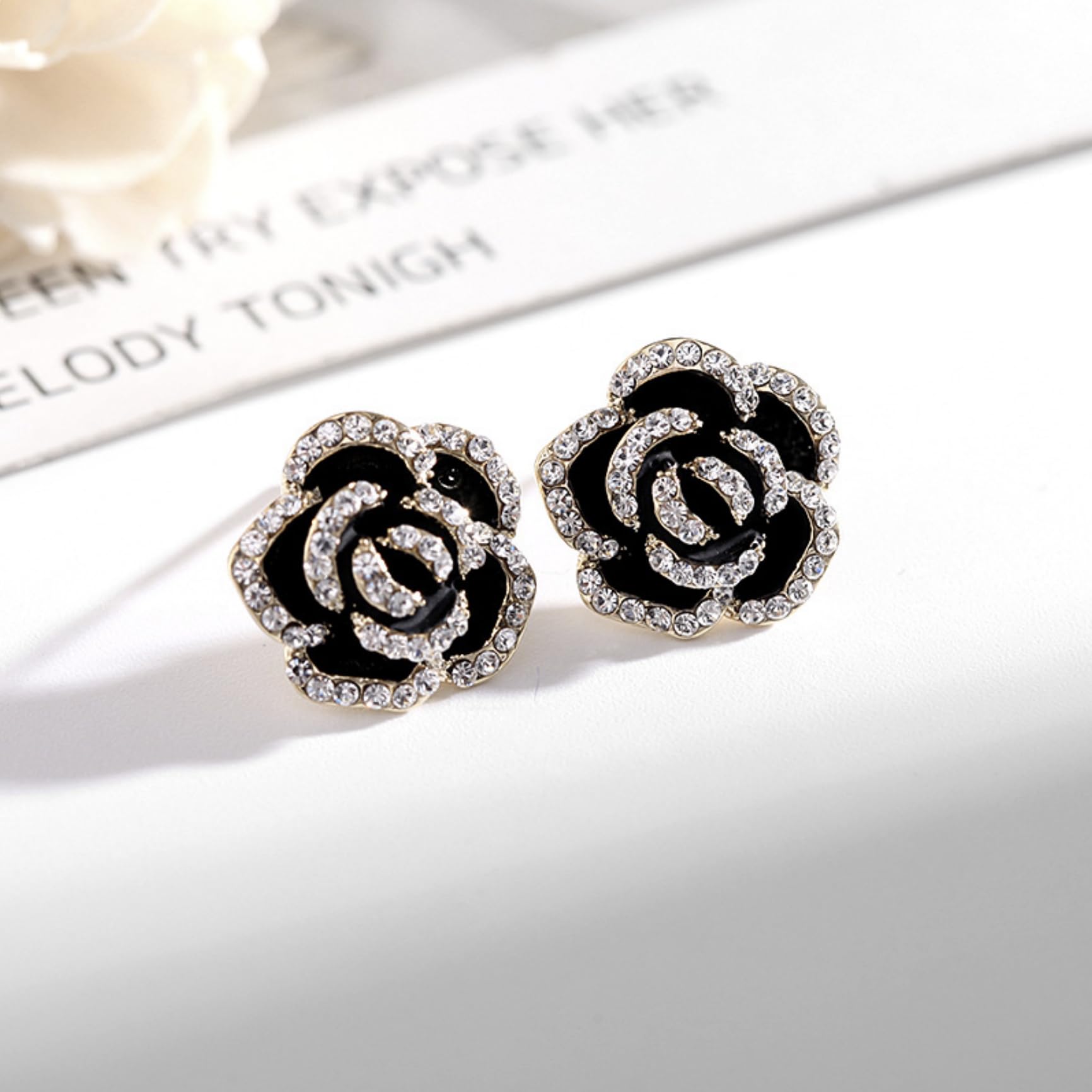 Gold Plated Cubic Zirconia Rose Flower Stud Earrings for Women - Dainty Silver Post Earrings with Clear Rhinestones | Fashion Jewelry Gift for Teen Girls & Women | Perfect for Weddings, Date Nights & Special Occasions