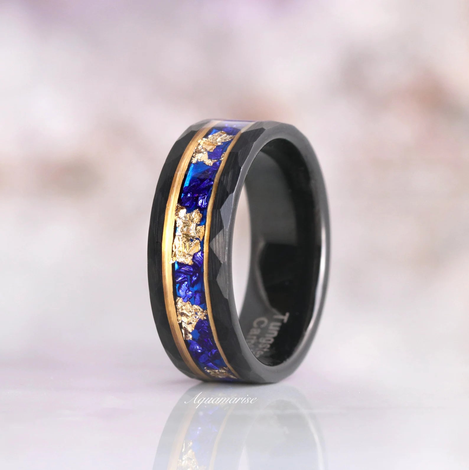 Skye Kite™ Blue Sapphire & Gold Leaf Couples Ring - Elegant Matching Wedding Bands for Him & Her, Perfect for Anniversaries, Engagements, and Romantic Gifts