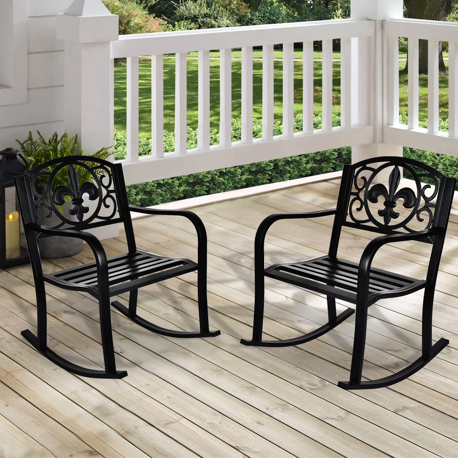 MAGIC UNION Outdoor Metal Rocking Chairs Set of 2 - Black Patio Rocker Cast Iron Glider Chairs for Garden, Deck, Backyard, Terrace - Perfect for Relaxing, Lounging & Enjoying Outdoor Spaces (Set of 2)