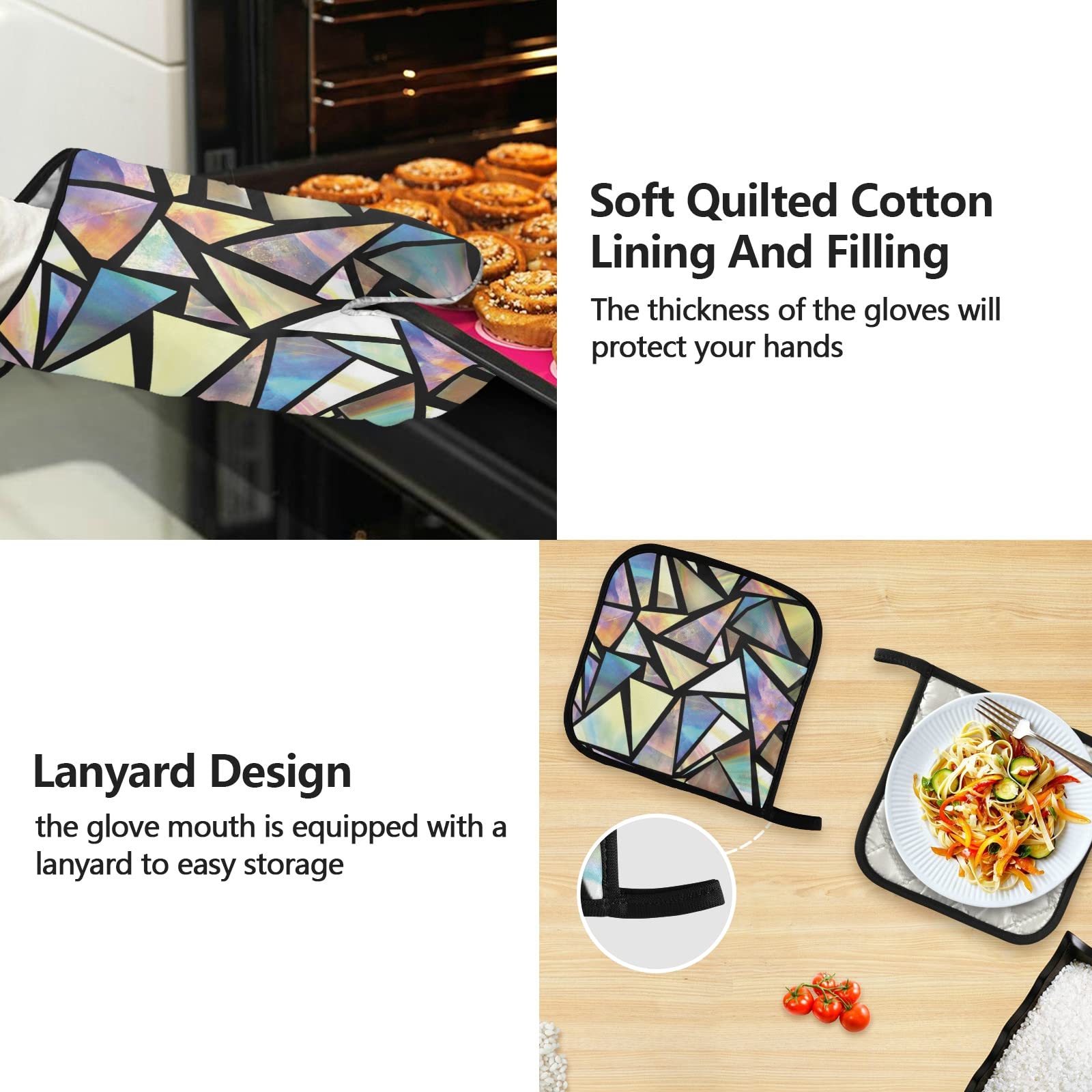 Iridescent Triangle Abstract Kitchen Apron Set with 2 Potholders & 2 Oven Mitts - Stylish Cooking Accessories for Men, Women & Chefs - Perfect for Baking, Grilling & Home Kitchen Decor