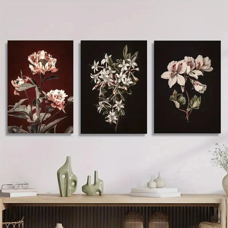 3-Piece Botanical Flower Artwork Set - Metal Wall Prints Ready to Hang - Nature Inspired Home Decor for Living Room, Bedroom & Office