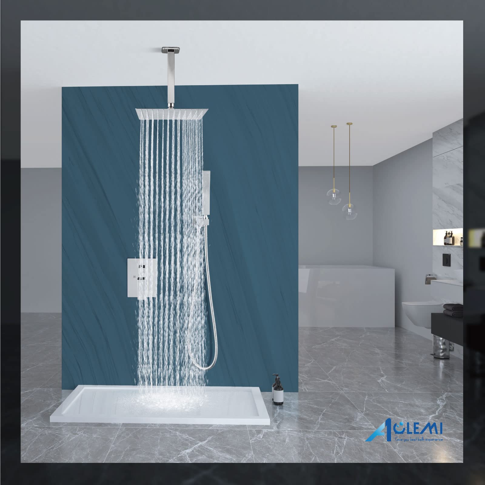 Aolemi 12 Inch Ceiling Mount Rain Shower System - High Pressure Shower Head with Handheld Spray, Polish Chrome Bathroom Faucet Set with Rough-in Valve & Trim Kit | Perfect for Modern Bathrooms, Spa-Like Shower Experience, Luxury Home Renovation
