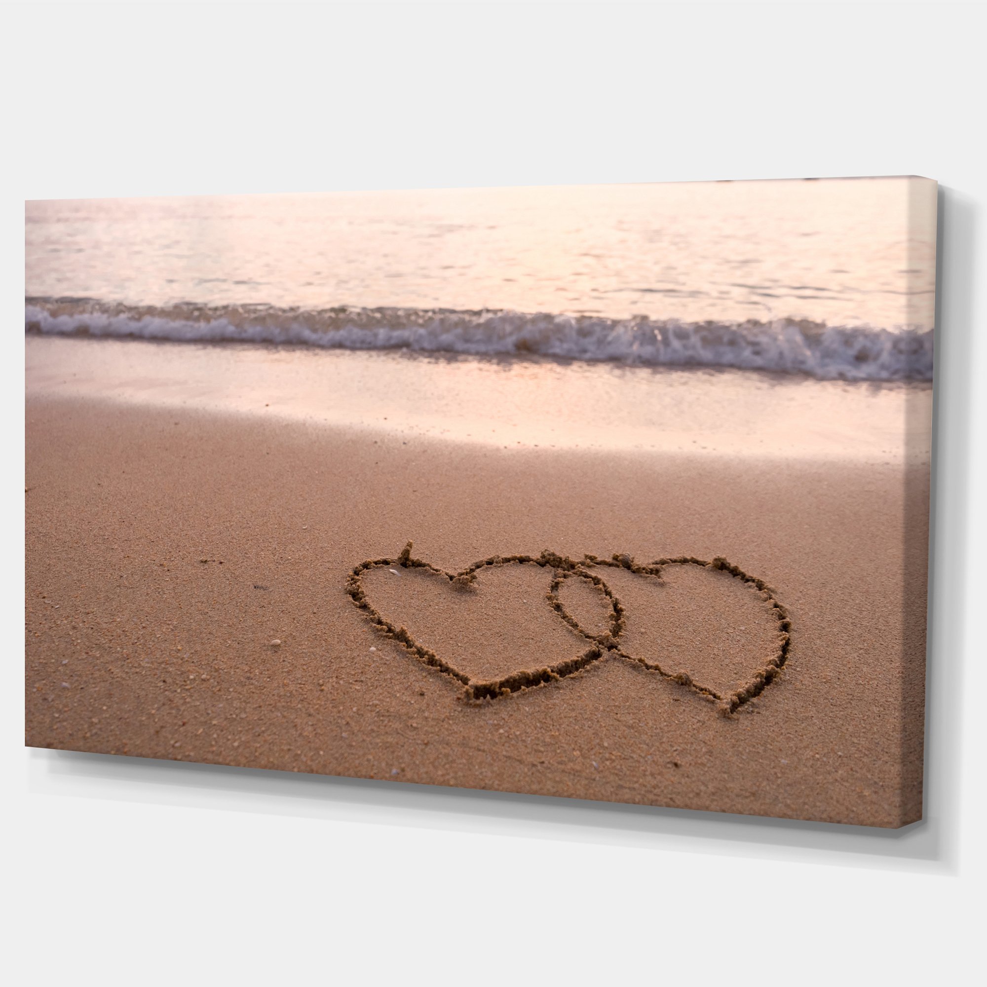 Extra Large Seascape Canvas Art - Romantic Two Hearts Drawn on Beach Painting - Perfect for Living Room, Bedroom & Coastal Home Decor
