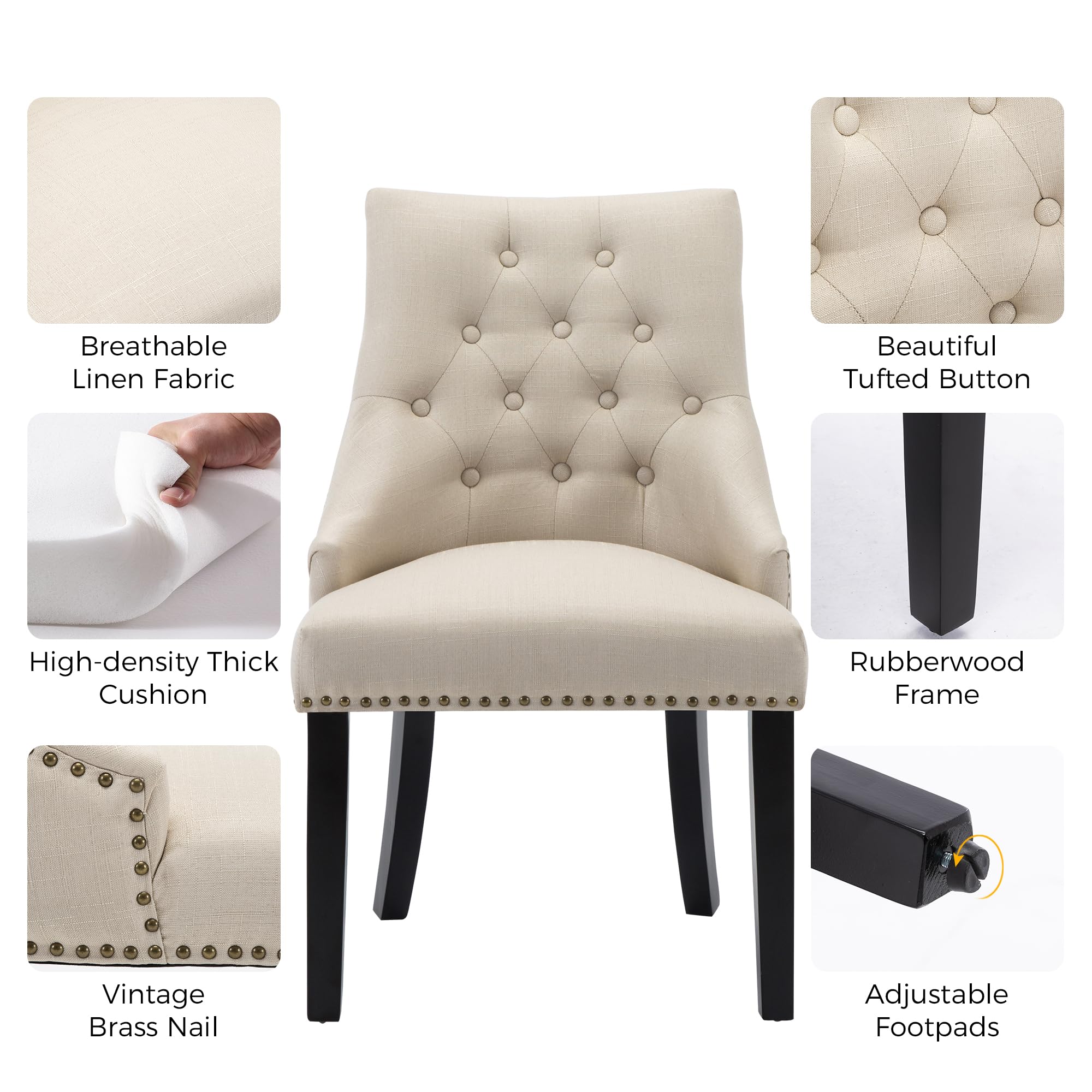 LSSBOUGHT Set of 2 Tufted Upholstered Dining Chairs with Padded Studded Design & Solid Black Wood Legs - Accent Armchairs for Living Room, Kitchen, Bedroom - Perfect for Home Decor, Dining Sets & Cozy Seating (Beige)