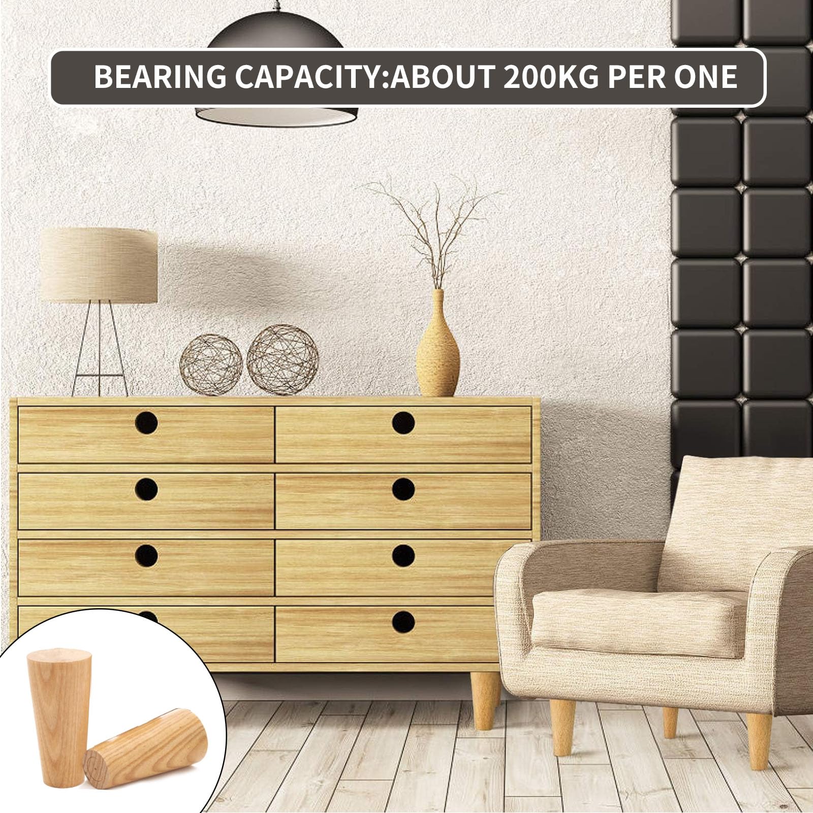 BUPOGAKE Mid-Century Modern Wooden Furniture Legs Set of 4 - 3.94 Inch Round Replacement Feet for Sofa, Cabinet & Table - Includes Non-Slip Pads, Screws & Mounting Plates - Perfect for Living Room, Bedroom & Office Furniture Upgrade