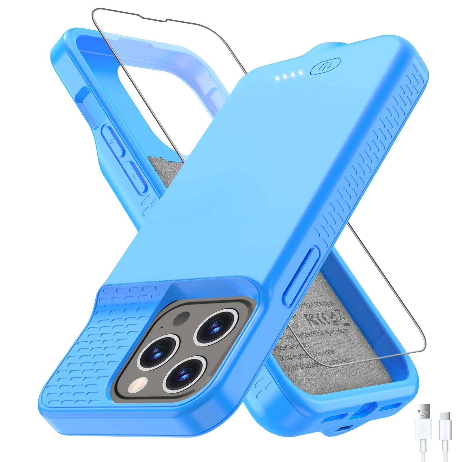 GIN FOXI 15W Wireless Charging Battery Case for iPhone 15 Pro Max/14 Pro Max/13 Pro Max/12 Pro Max - 18W Fast Input & 20W Output, Rechargeable Protective Cover with Anti-Fall Design - 6.7 Inch Blue Case | Perfect for Travel, Work & Outdoor Activities