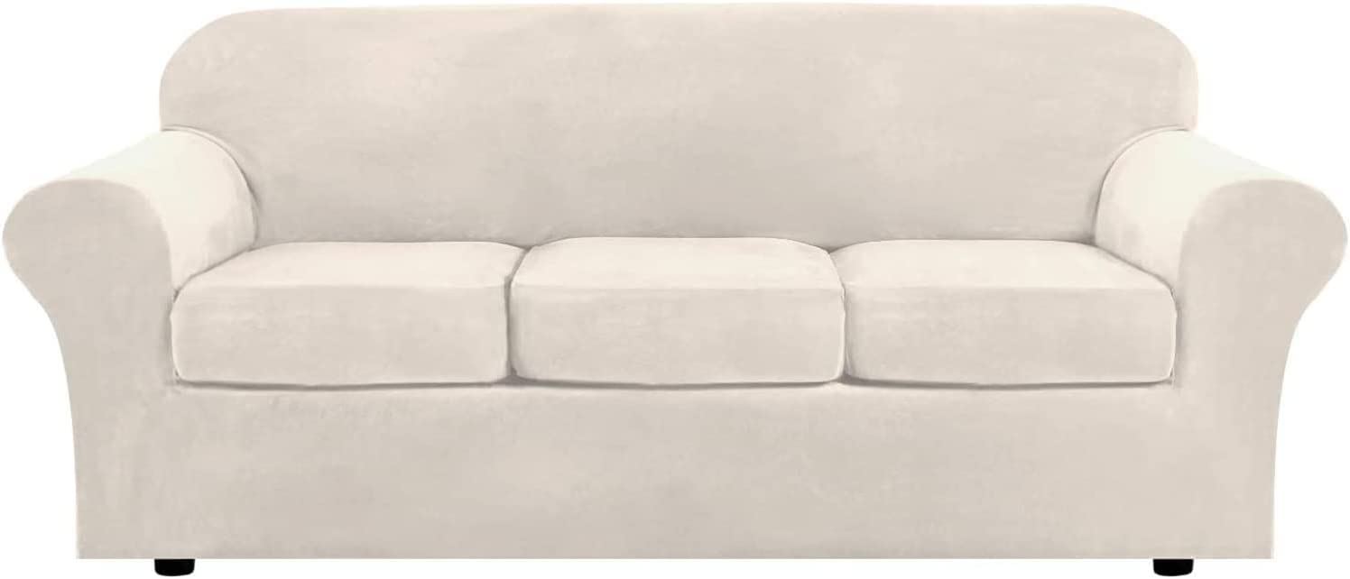 Luxury Velvet Stretch Sofa Slipcover - Ultra Soft Plush 3-Seat Couch Cover with Anti-Slip Design & Separate Cushion Covers | Furniture Protector for Kids & Pets | Ivory Color | Perfect for Living Room, Family Room & Pet-Friendly Homes