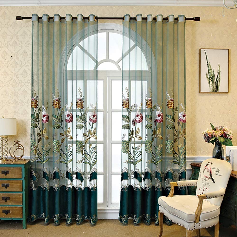 AiDamai Extra Wide Sheer Curtains - Embroidered Floral Voile Drapes for Bedroom, Living Room & Dining Room - Light Filtering Grommet Window Panels (2 Panels, 106