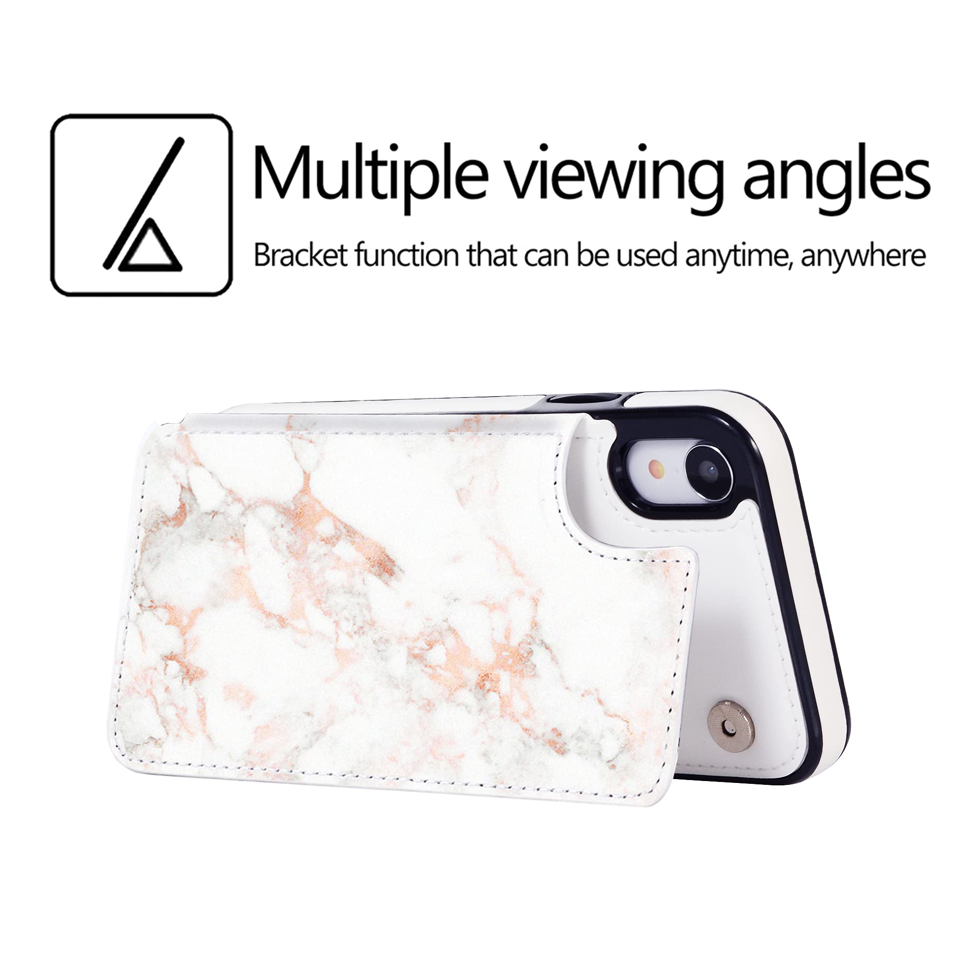 Rose Gold Marble Wallet Case for iPhone XR with Card Holder & Kickstand - Slim Protective Phone Cover with RFID Blocking (6.1 Inch) - Perfect for Everyday Use, Travel & Hands-Free Viewing
