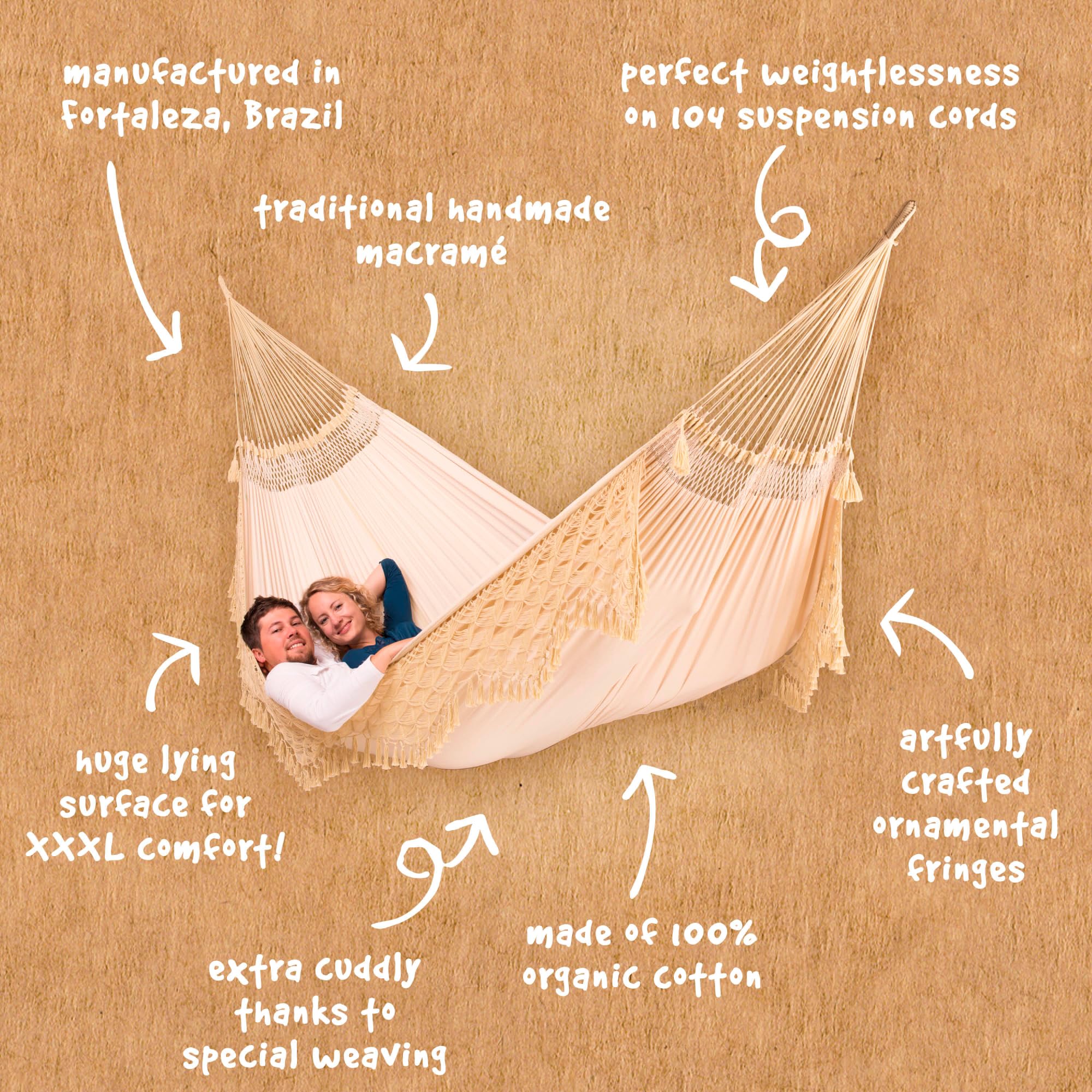 La Siesta® XL King Bossanova Brazilian Hammock - Organic Cotton Handmade in Brazil - Extra-Wide Indoor Hammock Bed for Relaxation & Lounging - Champagne Color - Perfect for Bedroom, Patio, and Backyard Relaxation