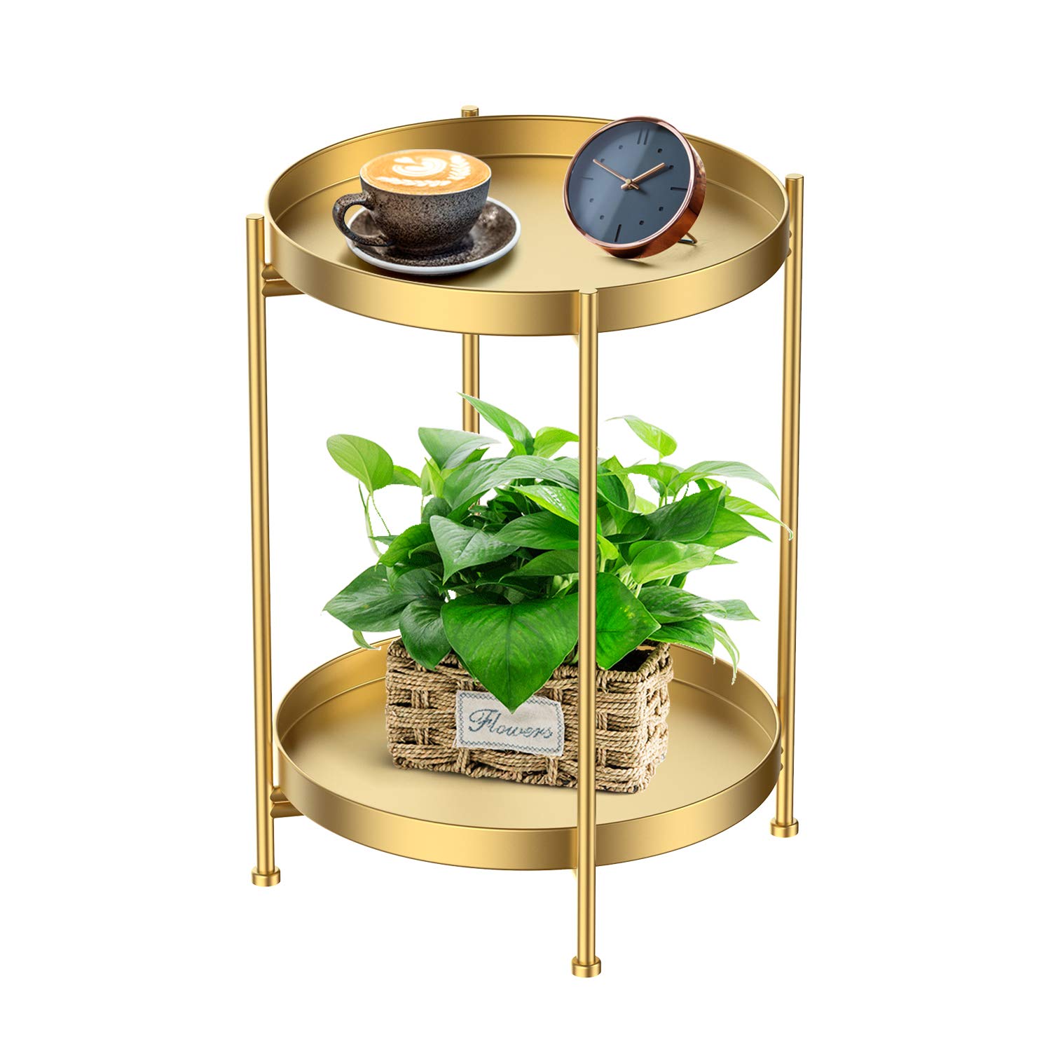 2-Tier Round Gold Side Table - Foldable Metal End Table for Sofa, Small Spaces & Patio | Perfect for Bedroom, Living Room & Outdoor Use