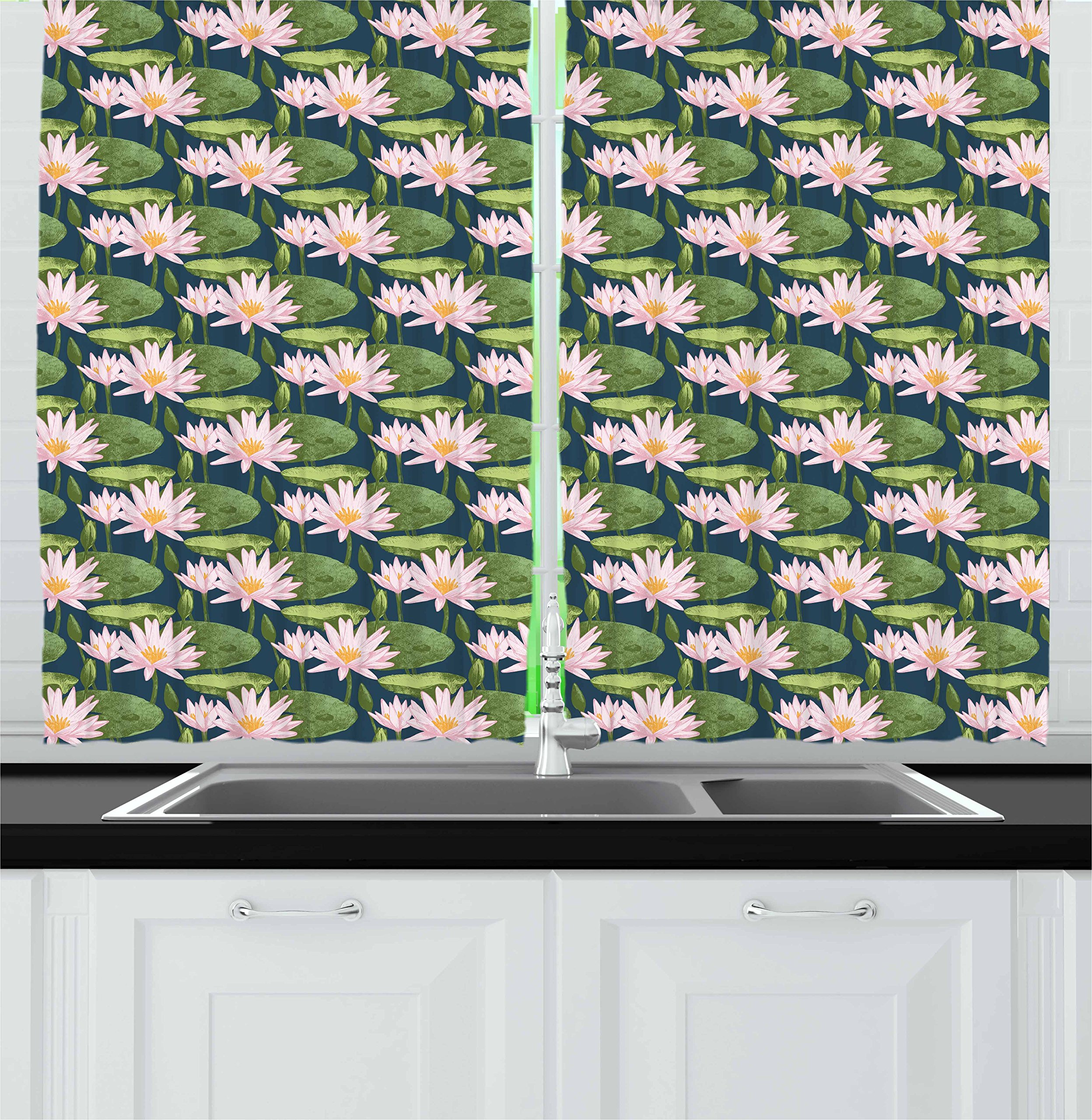 Ambesonne Lily Flower Kitchen Curtains Set of 2 Panels - Hand Painted Pink Water Lily Blossoms on Pond, Feng Shui Floral Design for Home Decor, 55