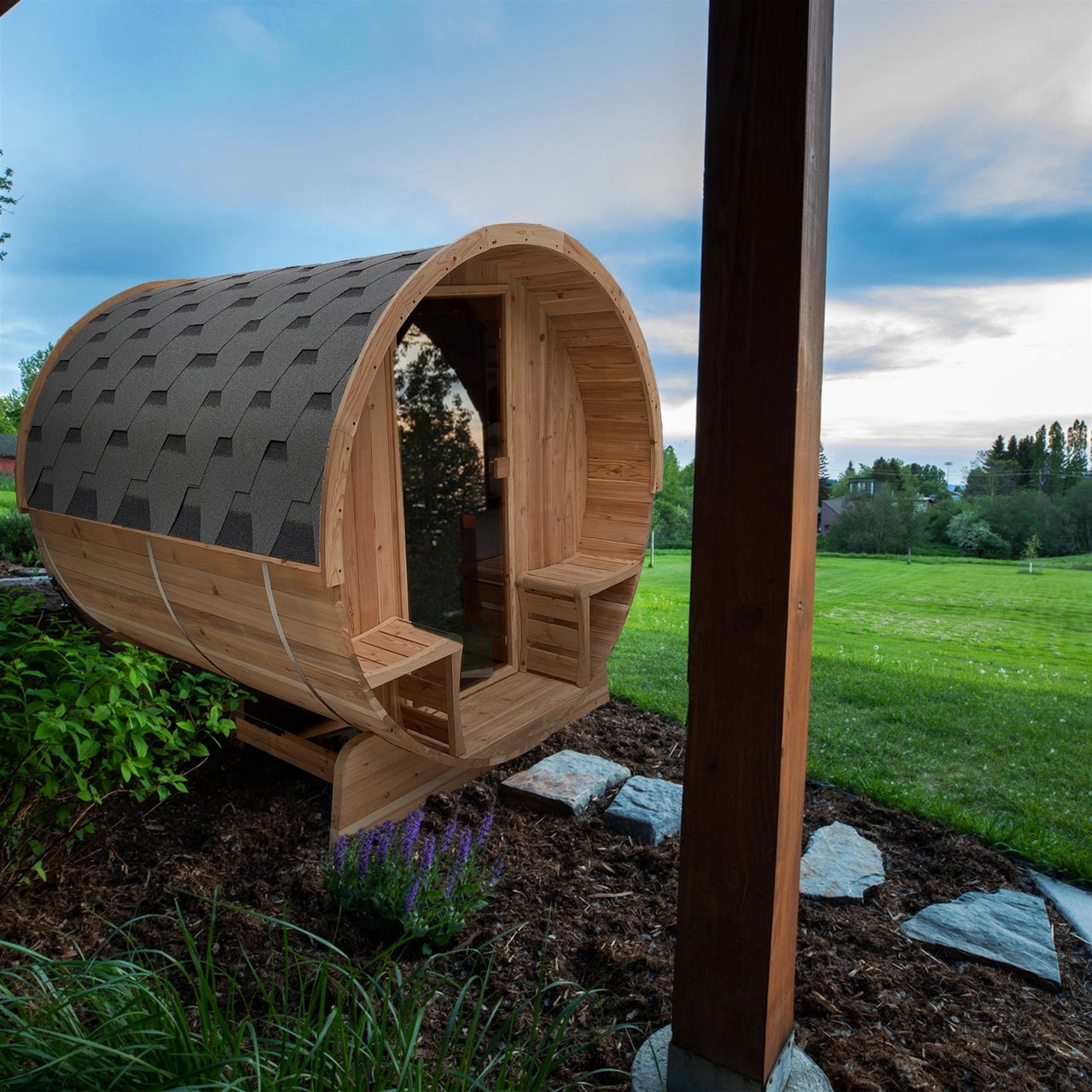 Aleko Outdoor Rustic Cedar Barrel Steam Sauna for 4 People - ETL Certified Front Porch Canopy - Perfect for Backyard Relaxation, Spa Day & Home Wellness Retreats