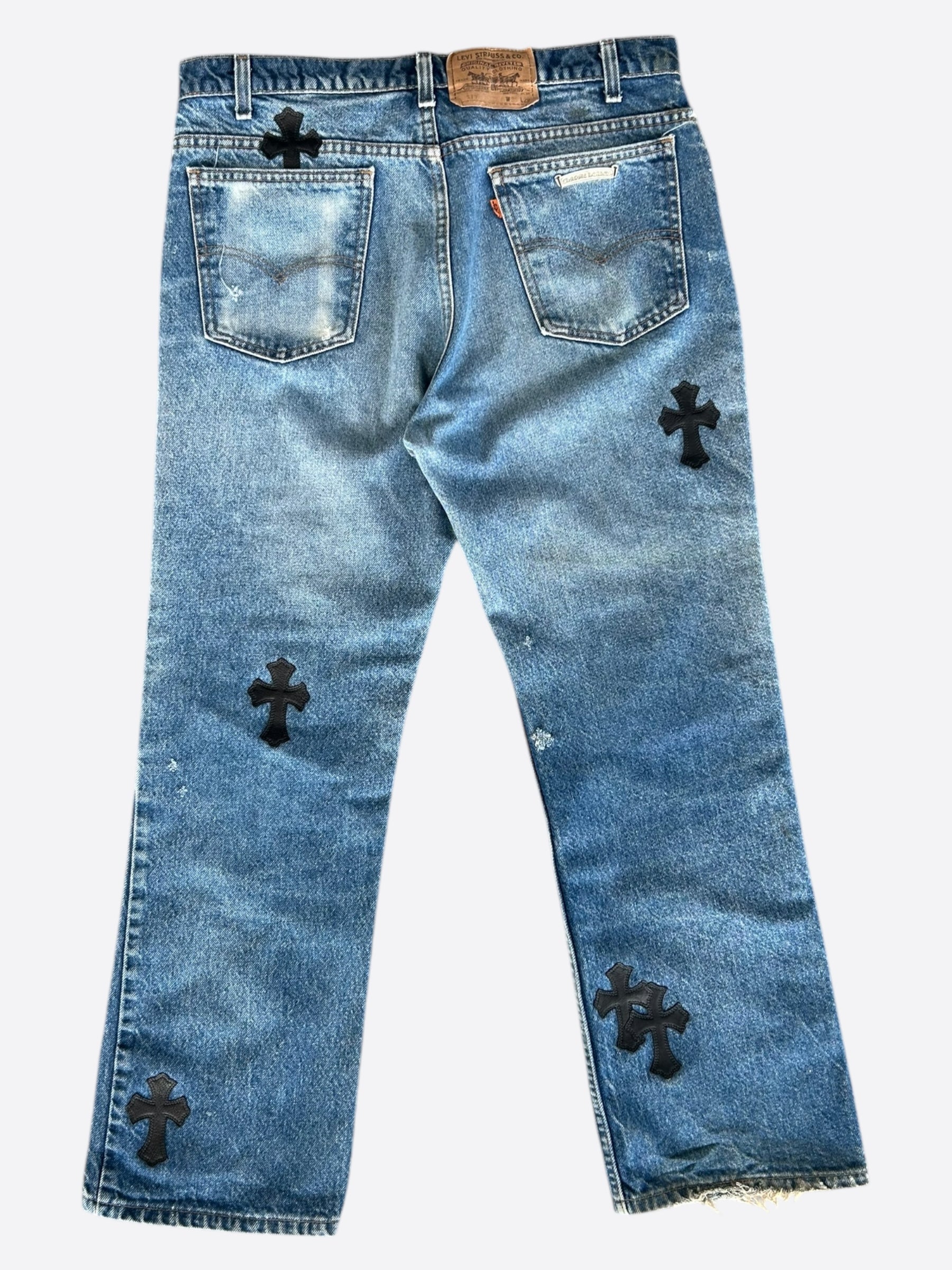 Chrome Hearts x Levi's Blue & Black Cross Patch Denim Jeans for Men - Stylish Vintage Distressed Skinny Jeans - Perfect for Casual Outfits, Streetwear, and Night Out