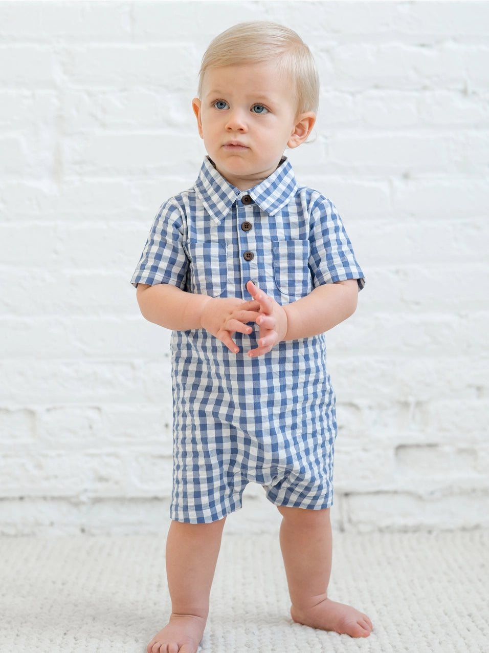 Organic Marino Gingham Seersucker Collared Romper for Baby Girls - Soft Cotton Summer Outfit with Adjustable Straps | Perfect for Beach, Picnic & Family Photos
