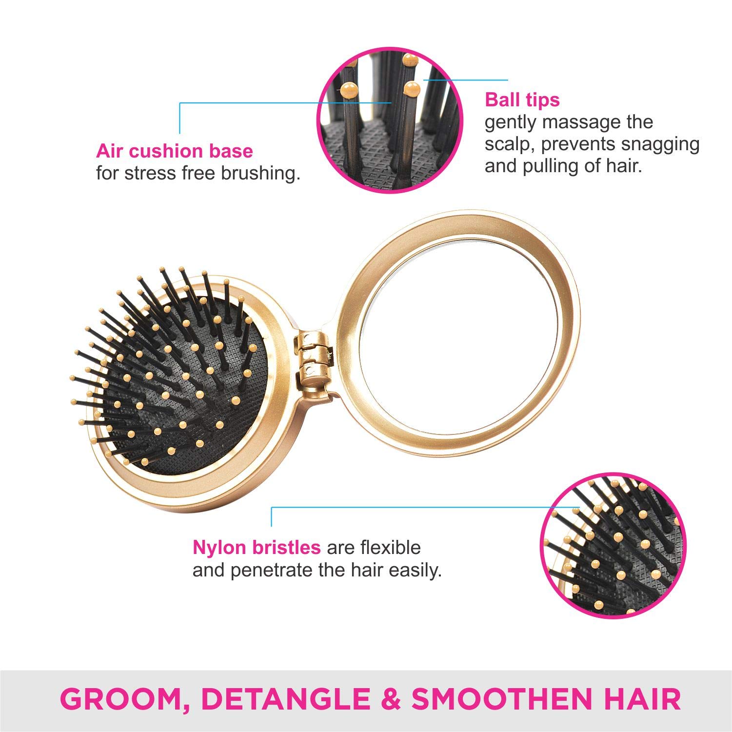 Vega Compact Hair Brush with Foldable Mirror - India's No.1 Hair Brush Brand for Men & Women (R2-FM) - Perfect for Travel, Gym & On-the-Go Styling