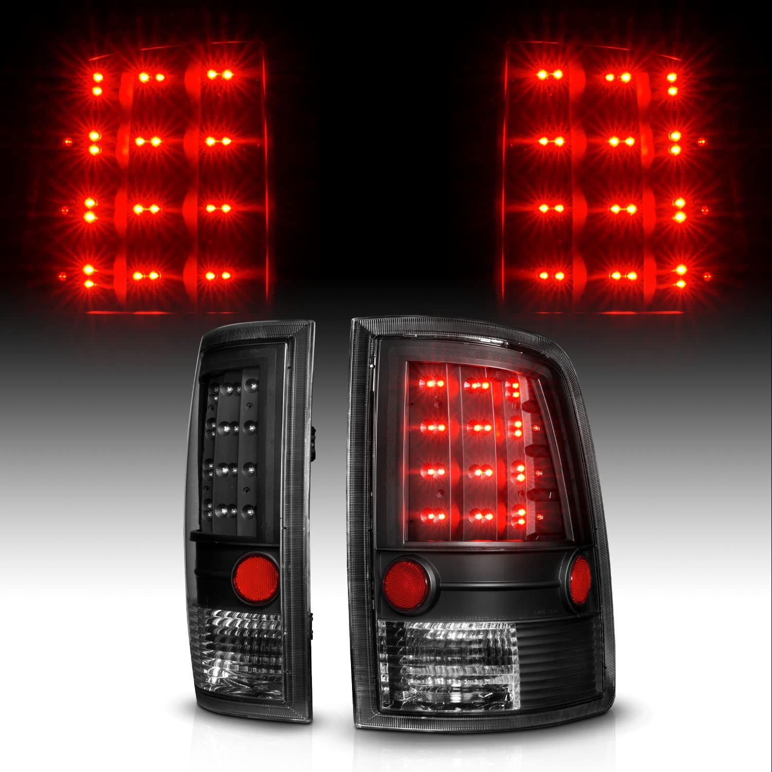 AmeriLite LED Black Brake Tail Lights Replacement Set for 2009-2018 Dodge Ram 1500/2500/3500 - Left & Right Side - Enhanced Visibility & Style for Night Driving & Off-Road Adventures