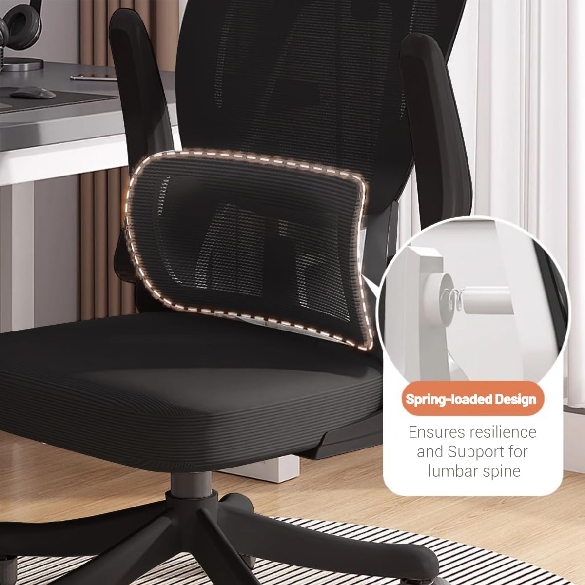 Ergonomic Office Chair with Flip-Up Armrests & Lumbar Support - High Back Mesh Computer Desk Chair, Adjustable Headrest Swivel Task Chair for Home Office & Gaming - Black | Perfect for Long Work Hours & PC Gaming Sessions